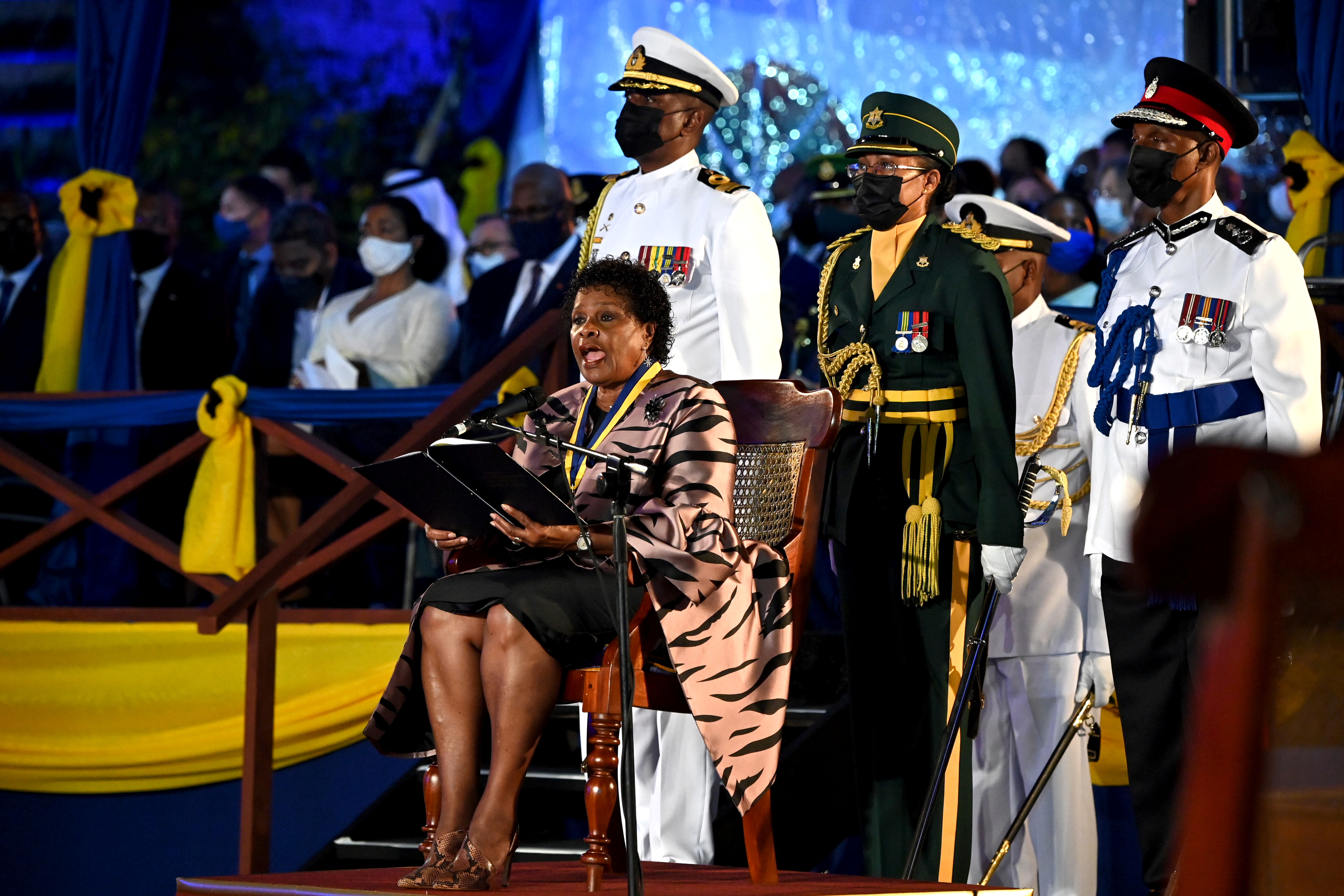 Barbados President Sandra Mason speaks during the Presidential Inauguration Ceremony to mark the birth of a new republic in Barbados at Heroes Square in Bridgetown, Barbados, November 30, 2021. Jeff J Mitchell/Pool via REUTERS