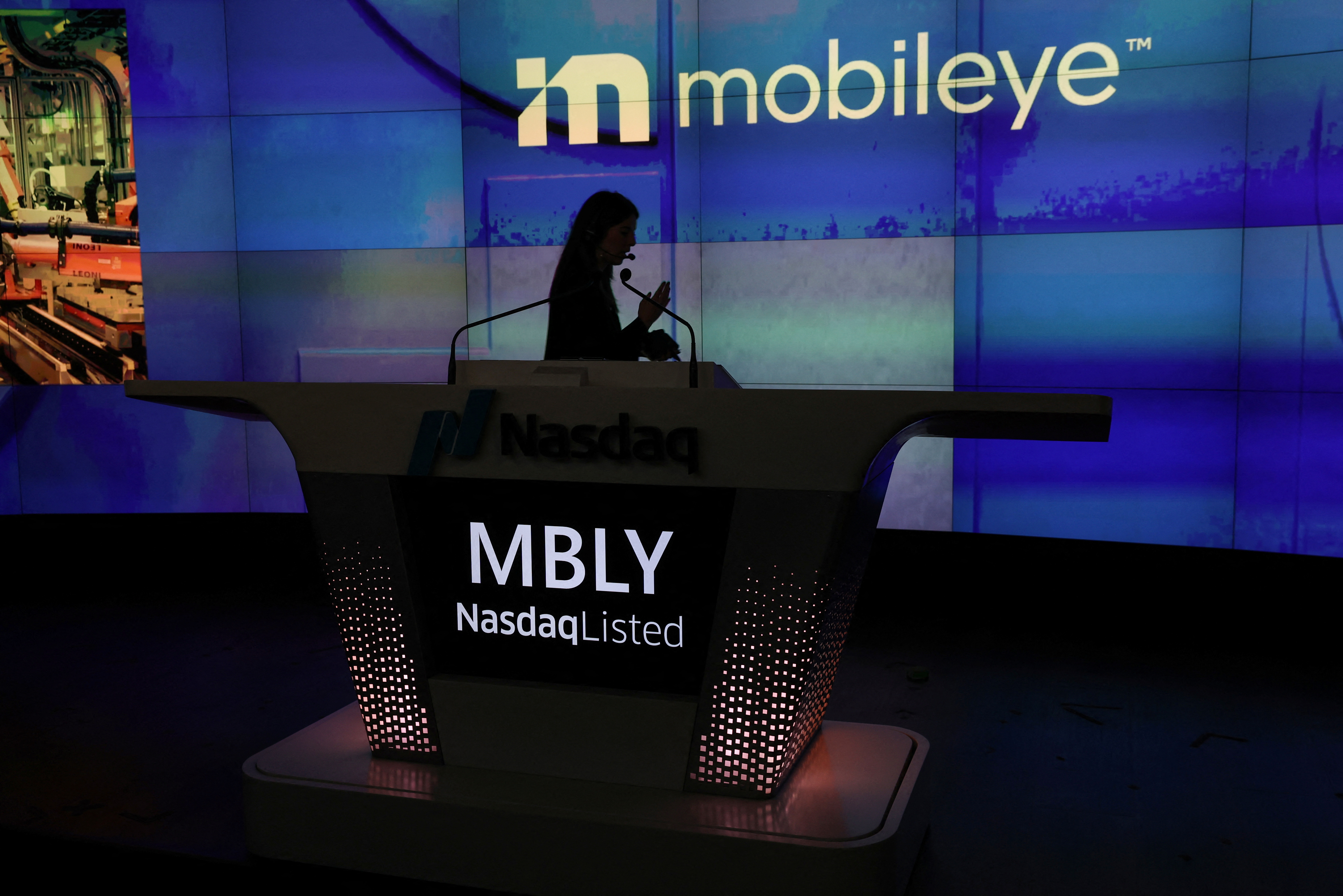 The listing of Mobileye Global Inc., the self-driving unit of chip maker Intel Corp, is seen at the Nasdaq MarketSite, at Times Square in New York City