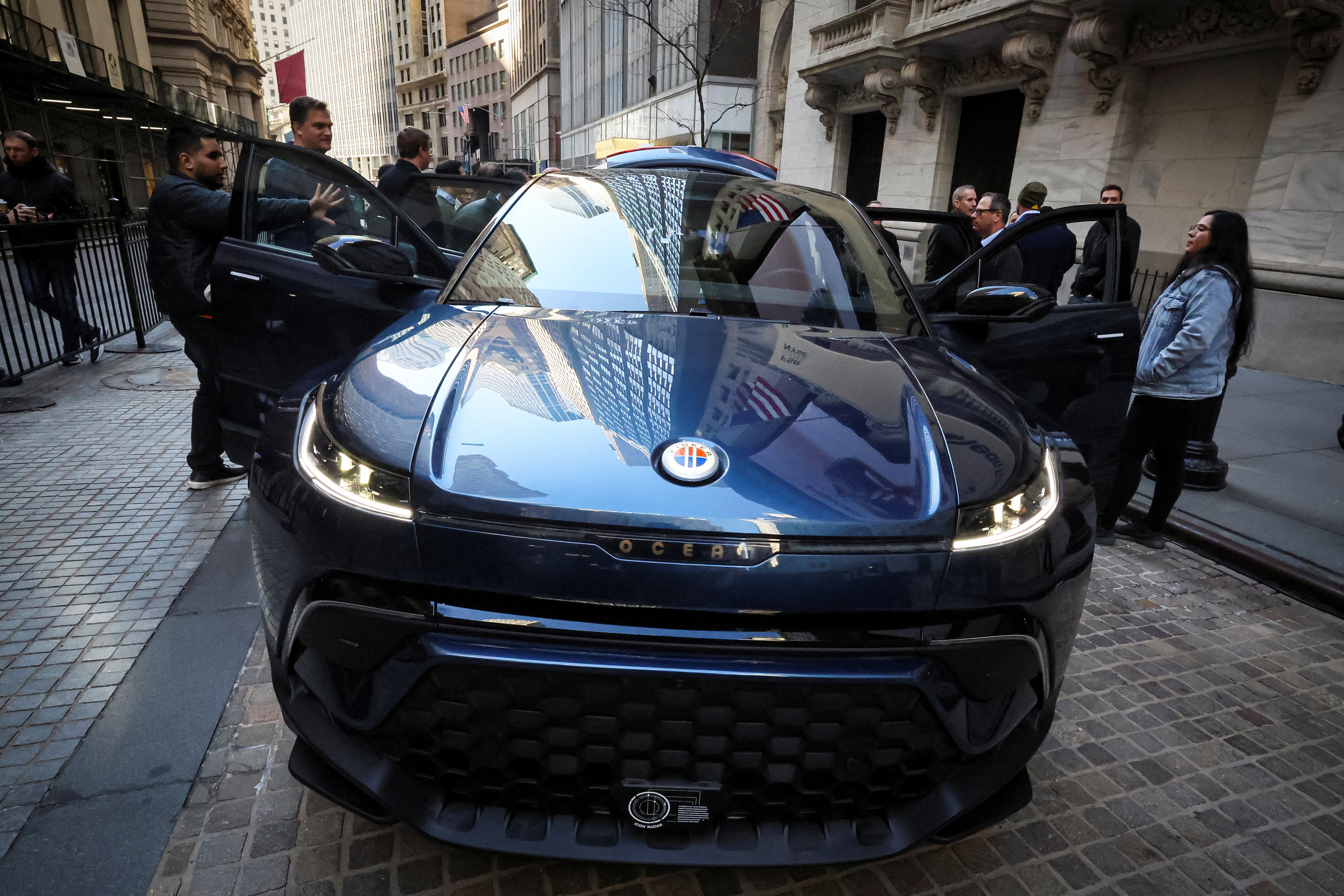 A Fisker Ocean is displayed during an event outside the NYSE in New York