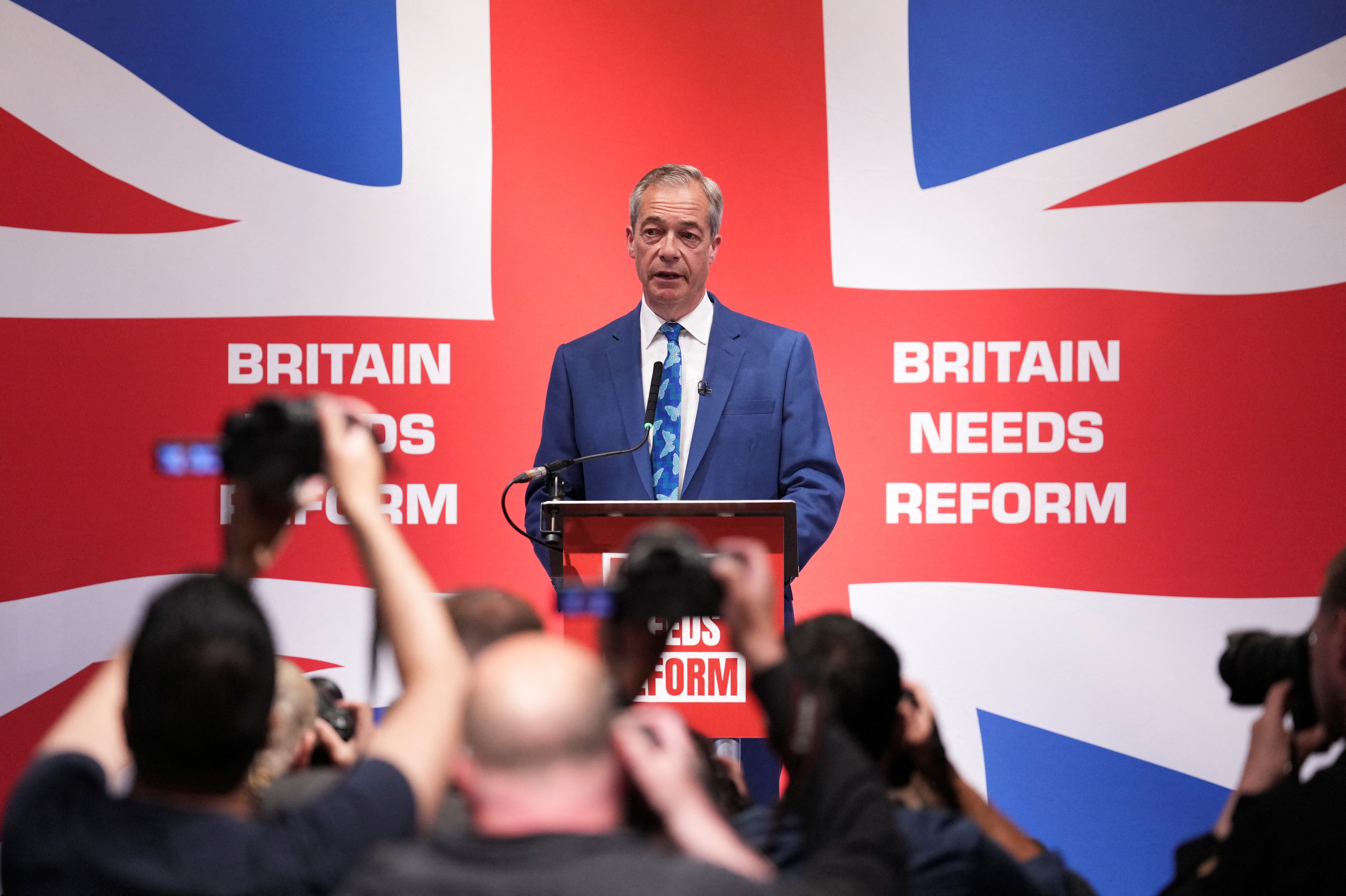Honorary President of the Reform UK party Nigel Farage attends press conference, in London