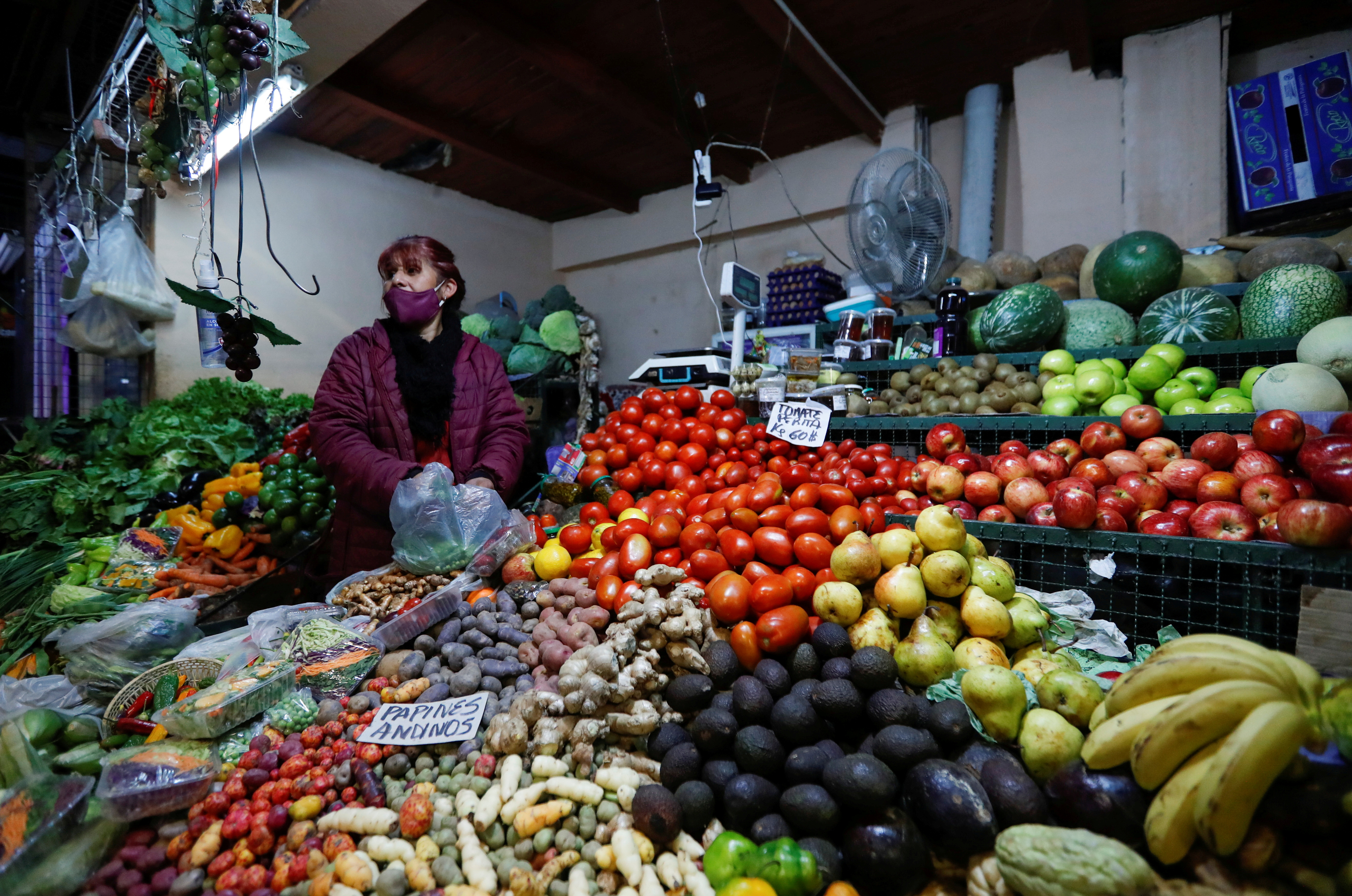 A vegetable seller looks on as she waits for customers at a market in Salta, Argentina August 11, 2021. Picture taken August 11, 2021. REUTERS/Agustin Marcarian/File Photo