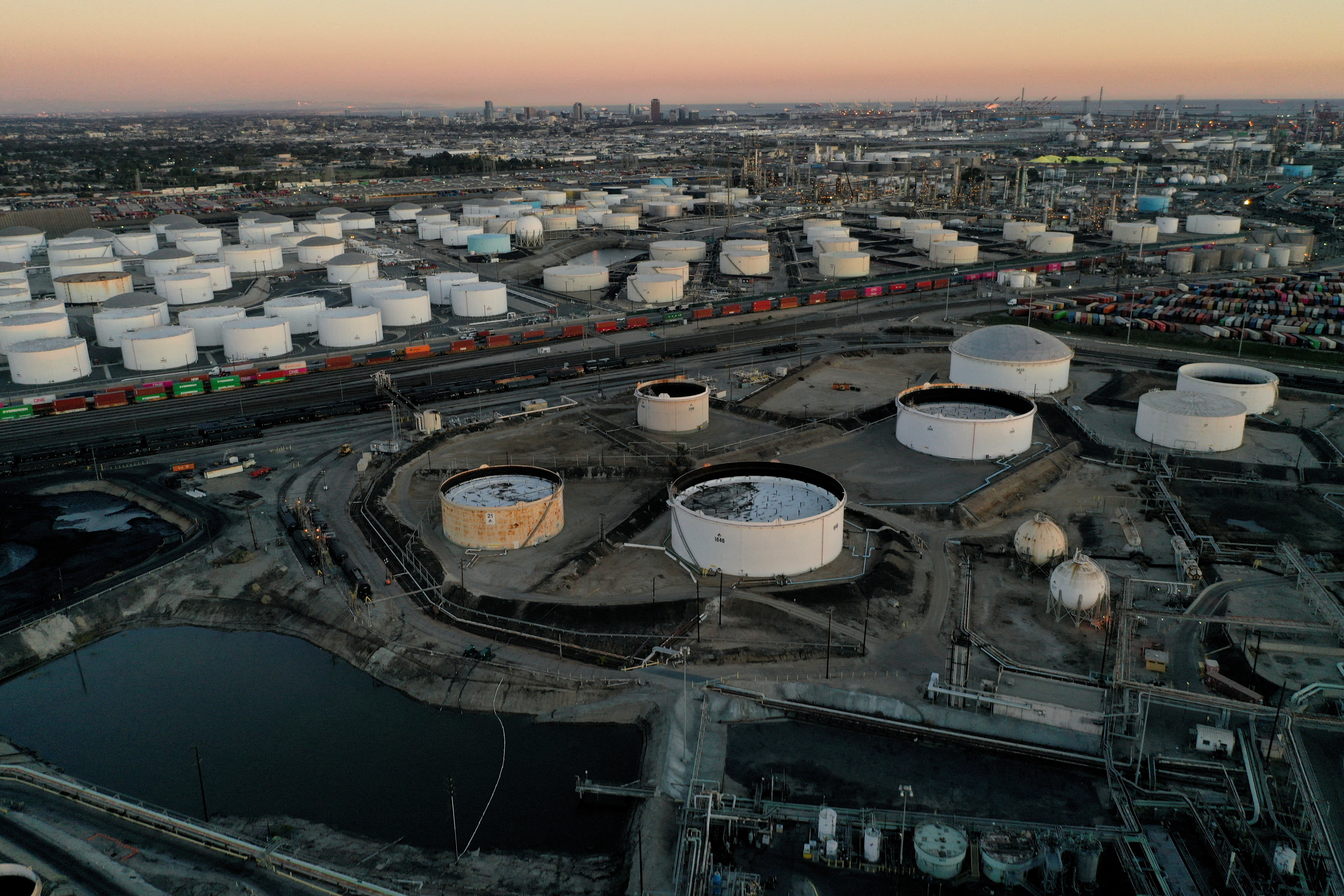 Aerial view of storage tanks at Kinder Morgan Terminal and Phillips 66 Refinery in Carson, California