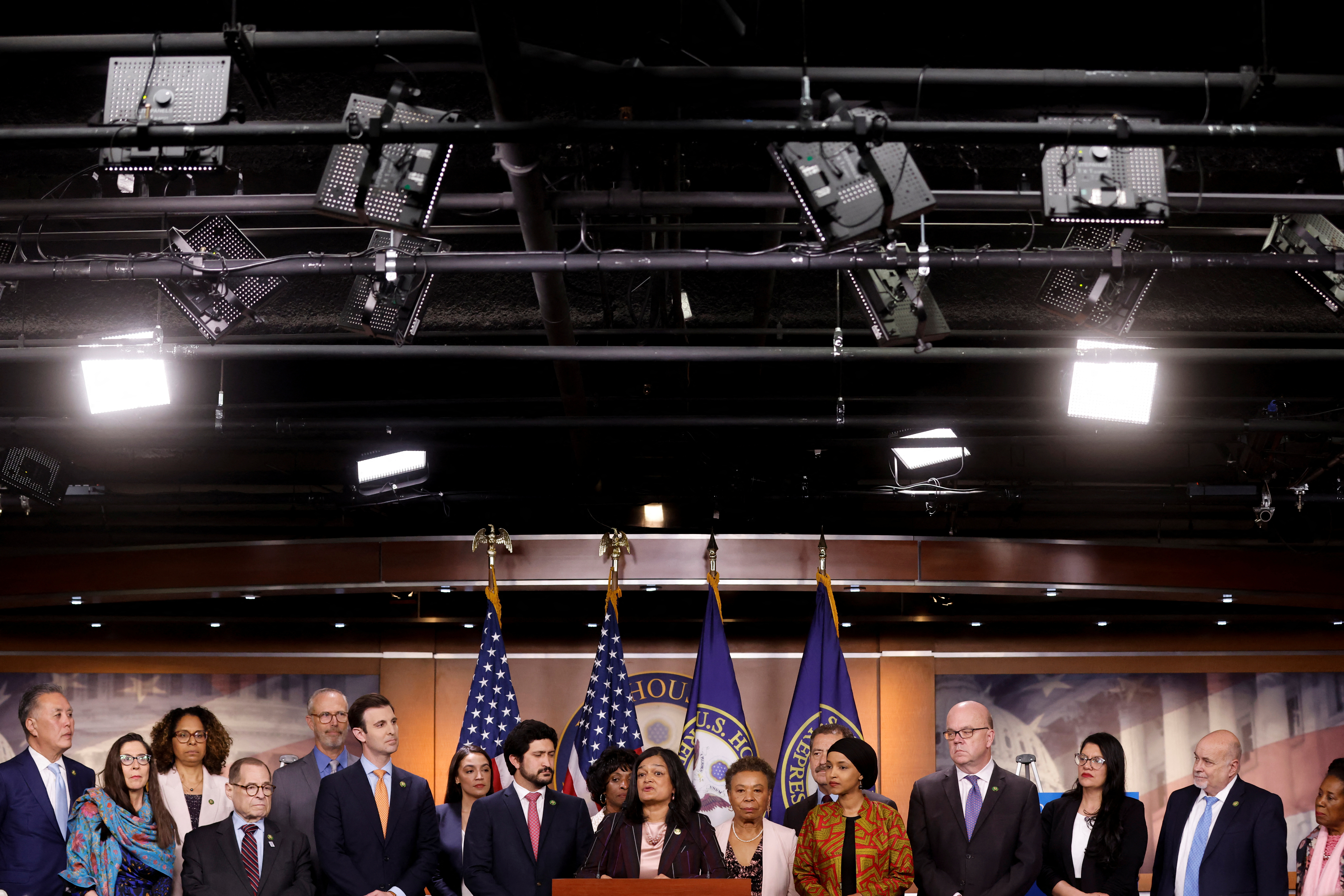 U.S. Representative Jayapal leads a House Progressive Caucus news conference on Capitol Hill in Washington