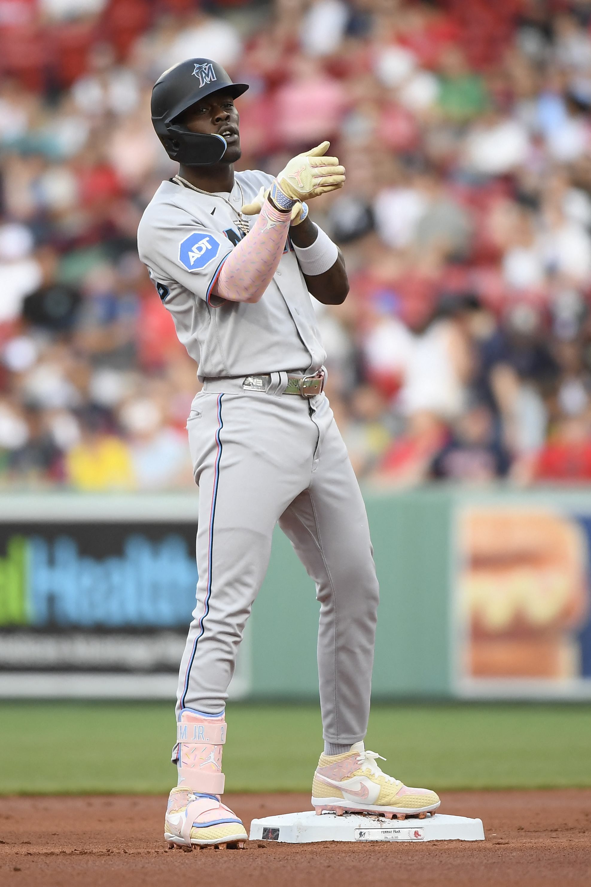 Miami Marlins baseball team wearing ADT corporate logo on jerseys