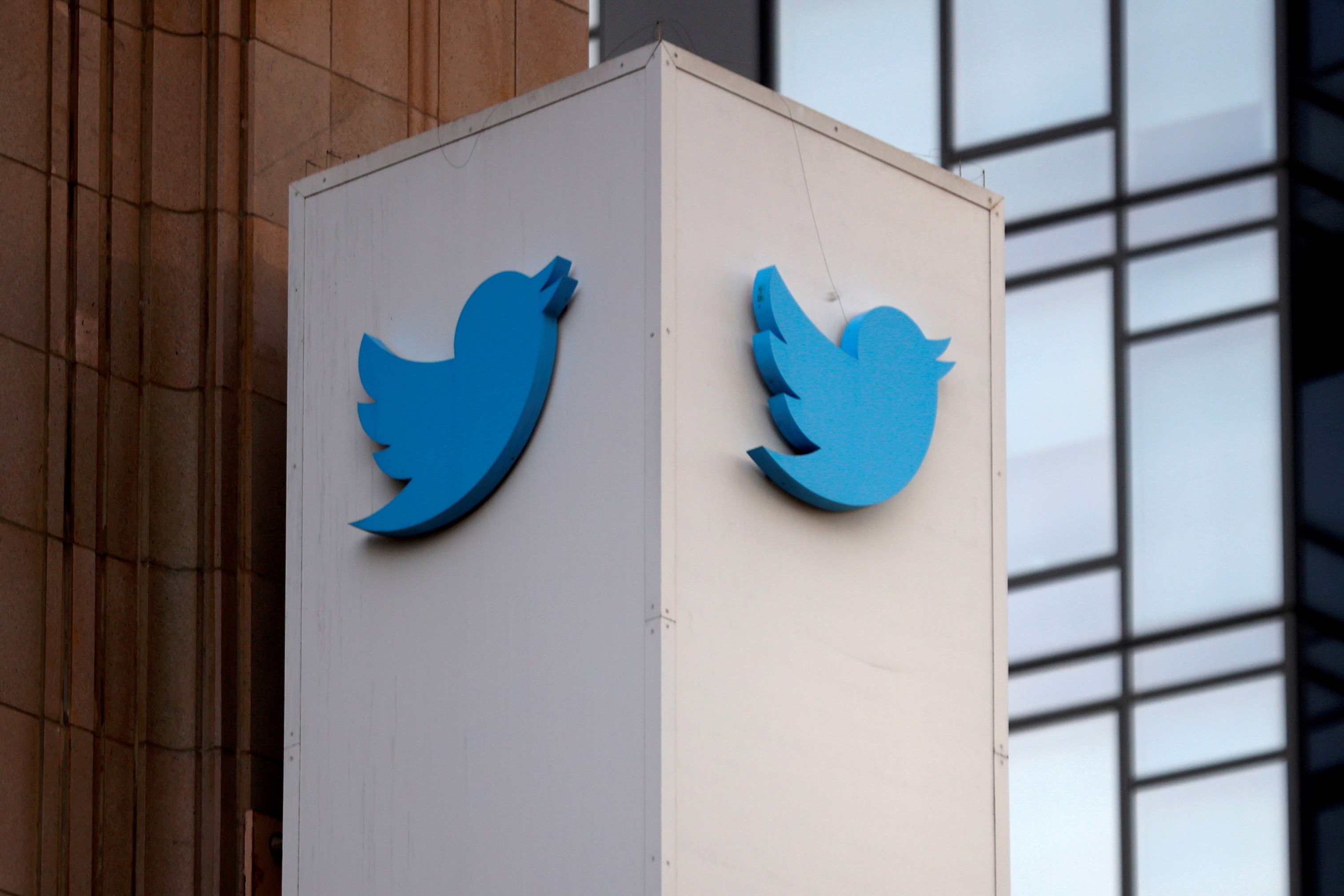 A Twitter logo is seen outside the company headquarters in San Francisco