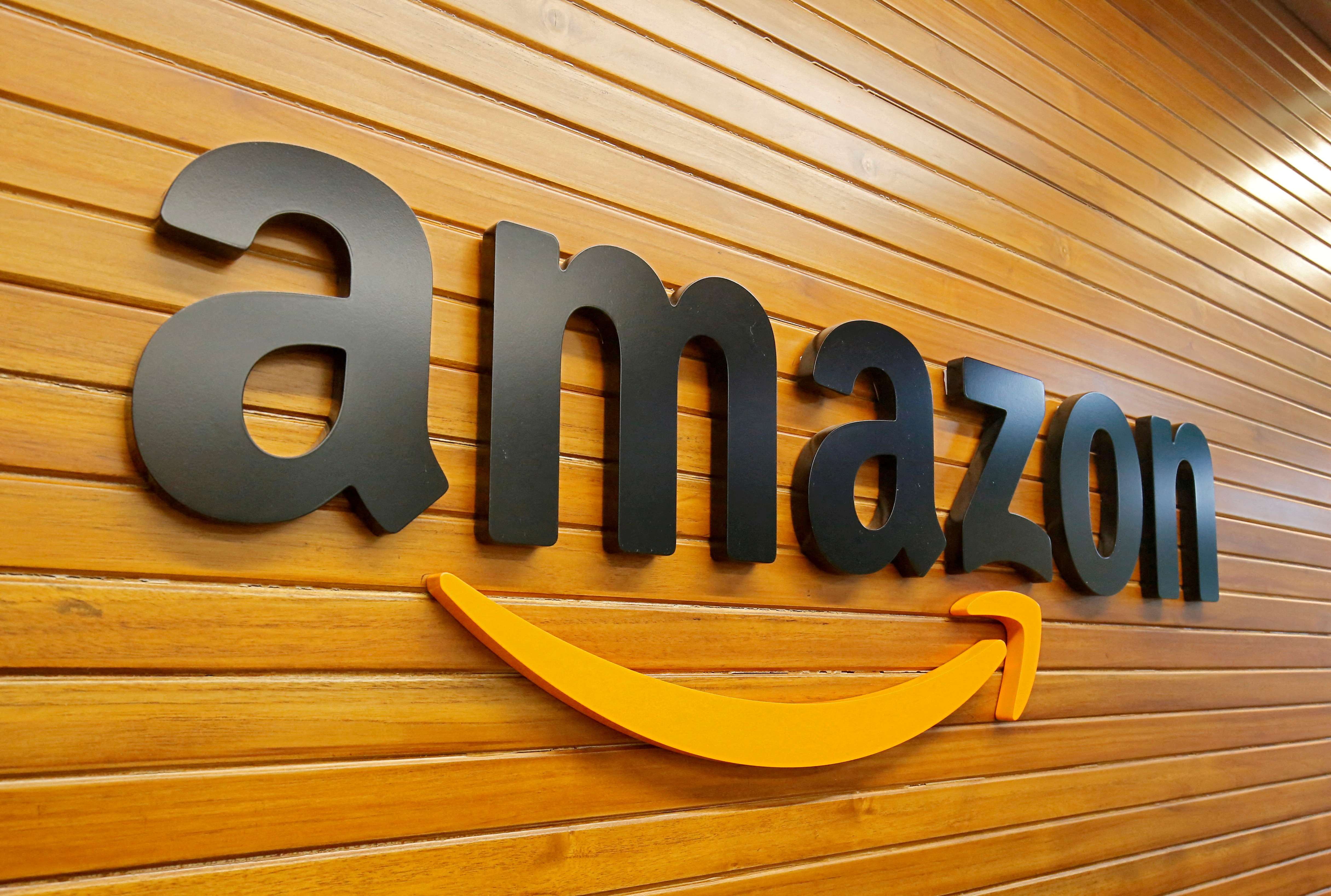 The Amazon logo is pictured inside the company's office in Bengaluru, India