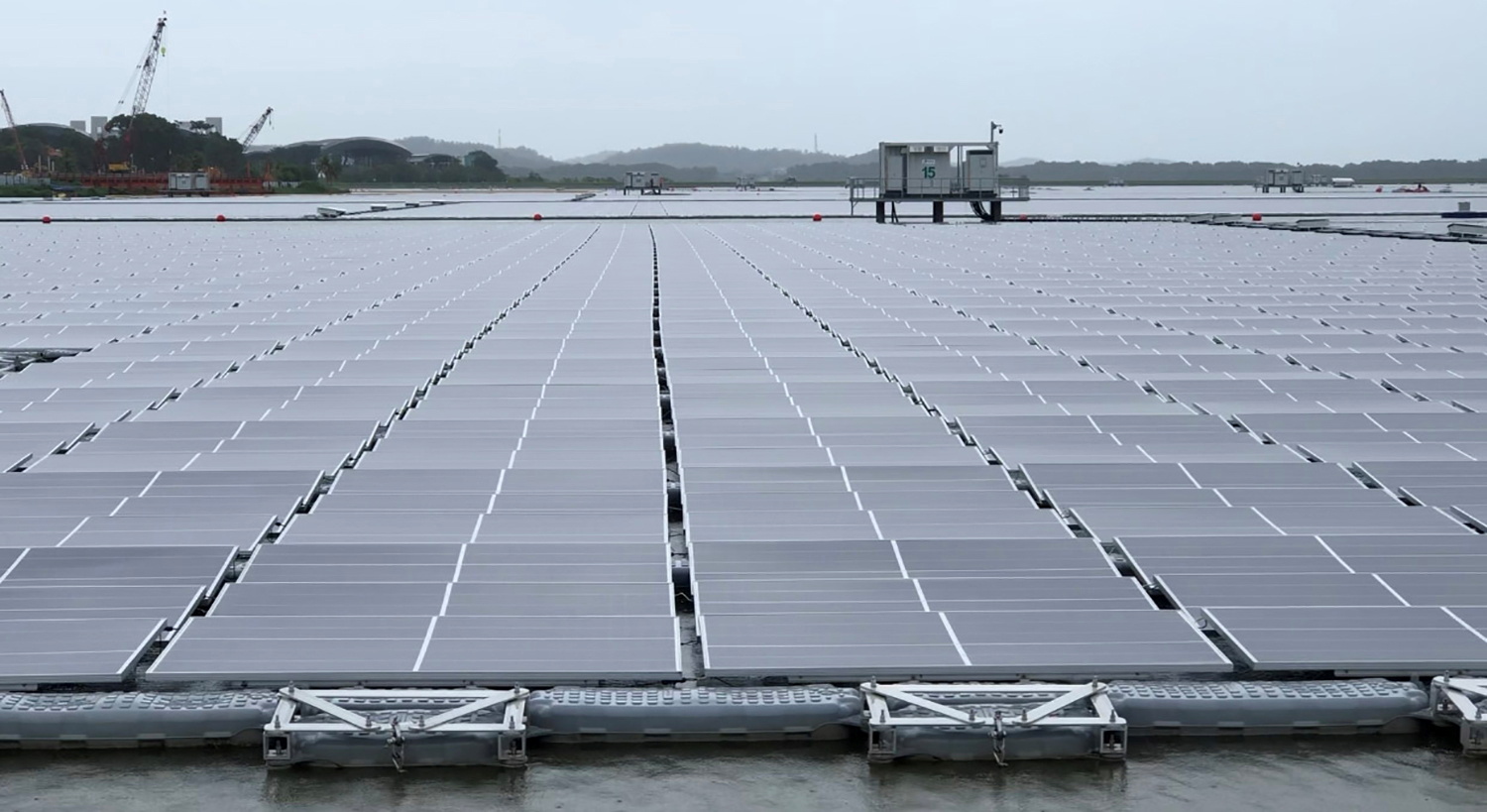 Still image of one of the world's largest floating solar panel farms in Singapore