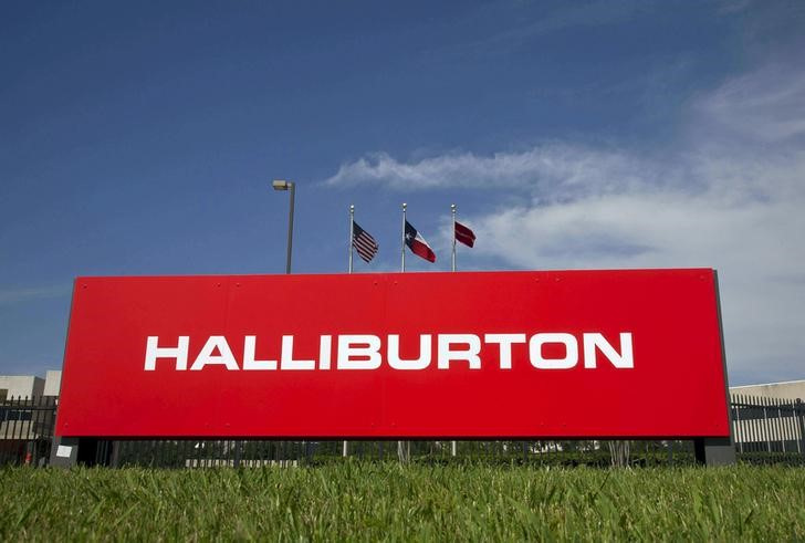 The company logo of Halliburton oilfield services corporate offices is seen in Houston