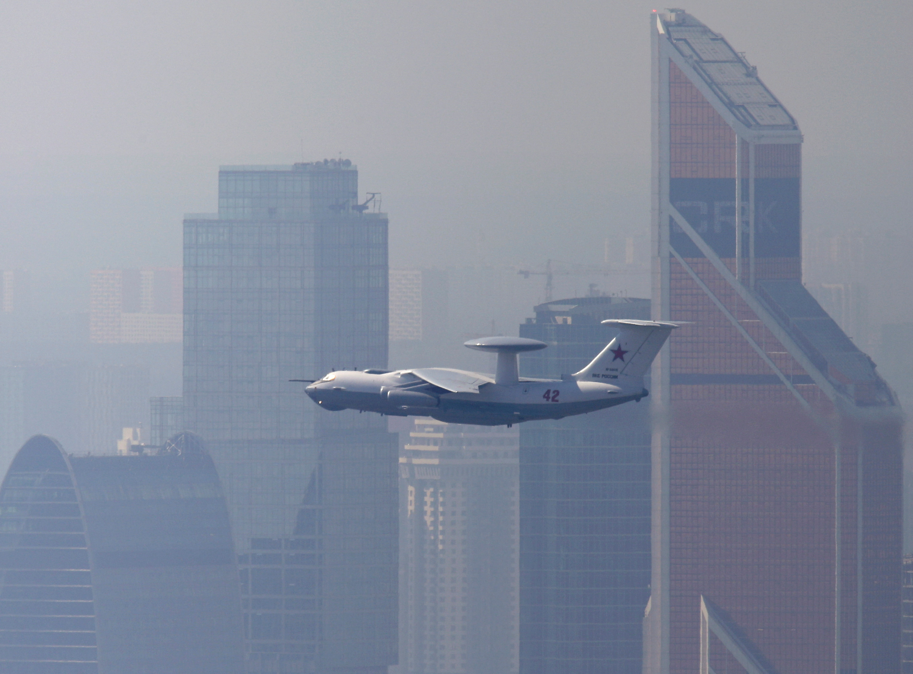 Beriev A-50 early warning aircraft flies during a rehearsal for the Victory Day parade in Moscow