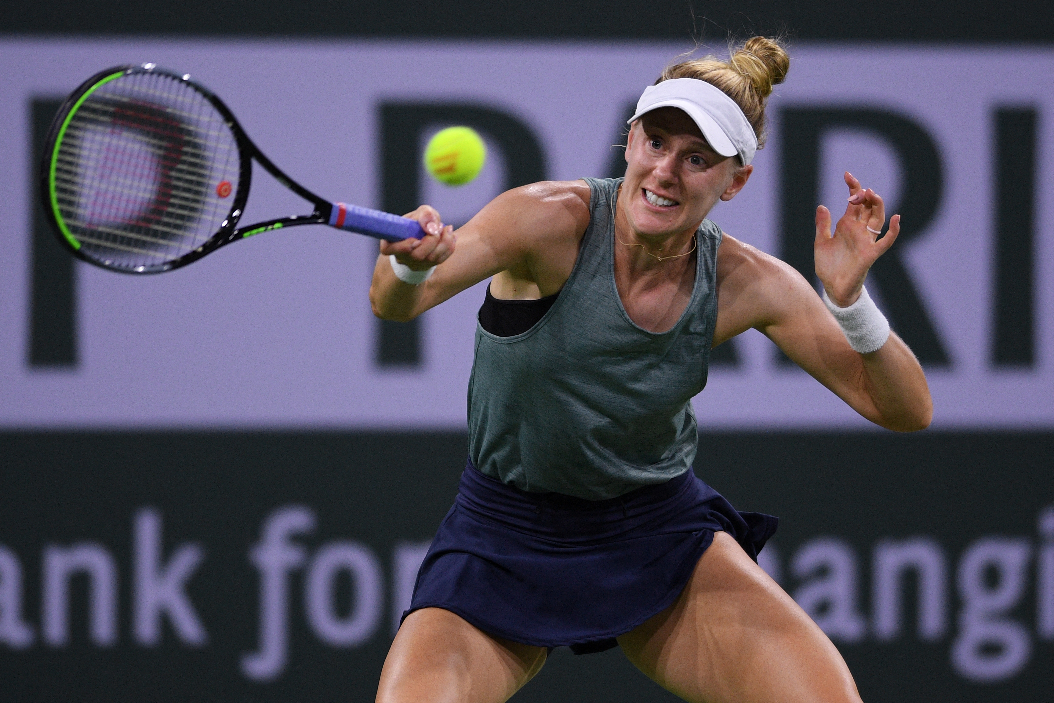 Oct 9, 2021; Indian Wells, CA, USA; Alison Riske (USA) hits a shot against Bianca Andreescu (CAN) at Indian Wells Tennis Garden. Mandatory Credit: Orlando Ramirez-USA TODAY Sports