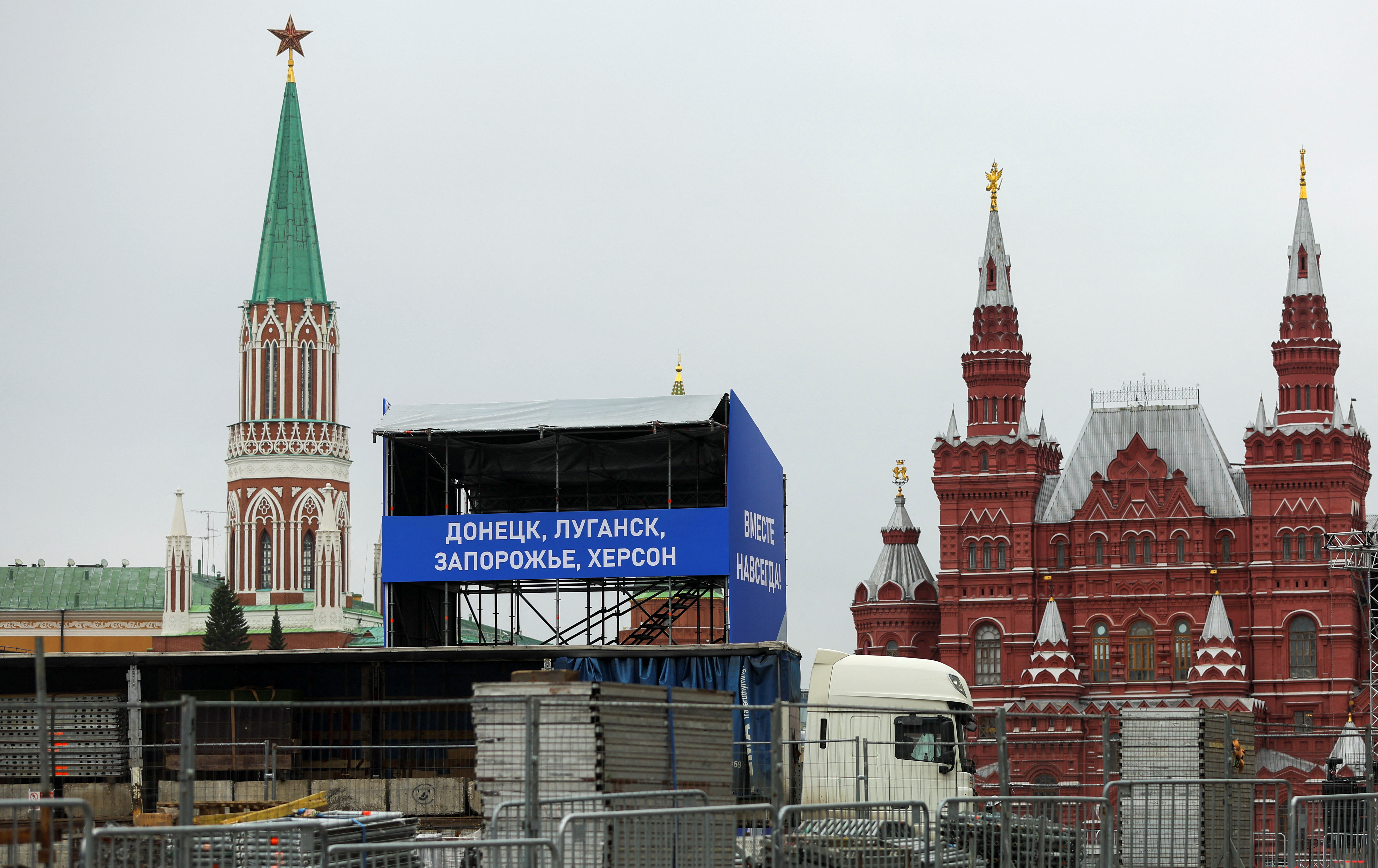 A view shows a stage under construction in Red Square in Moscow