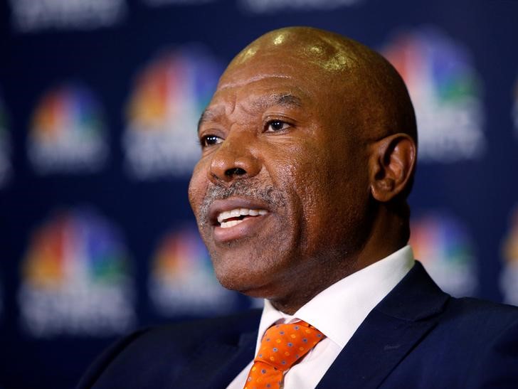 South Africa's Reserve Bank Governor Lesetja Kganyago speaks during a television interview at the World Economic Forum on Africa 2017 meeting in Durban