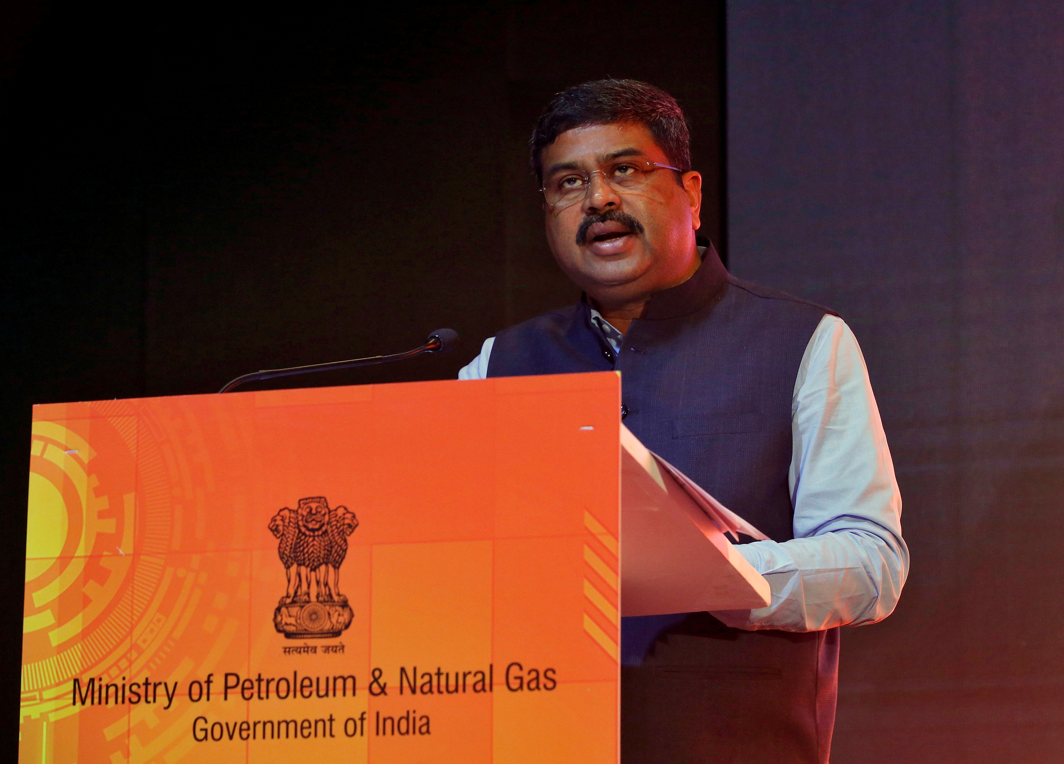 India's Oil Minister Dharmendra Pradhan speaks at a road show organised by the Directorate General of Hydrocarbon in Mumbai