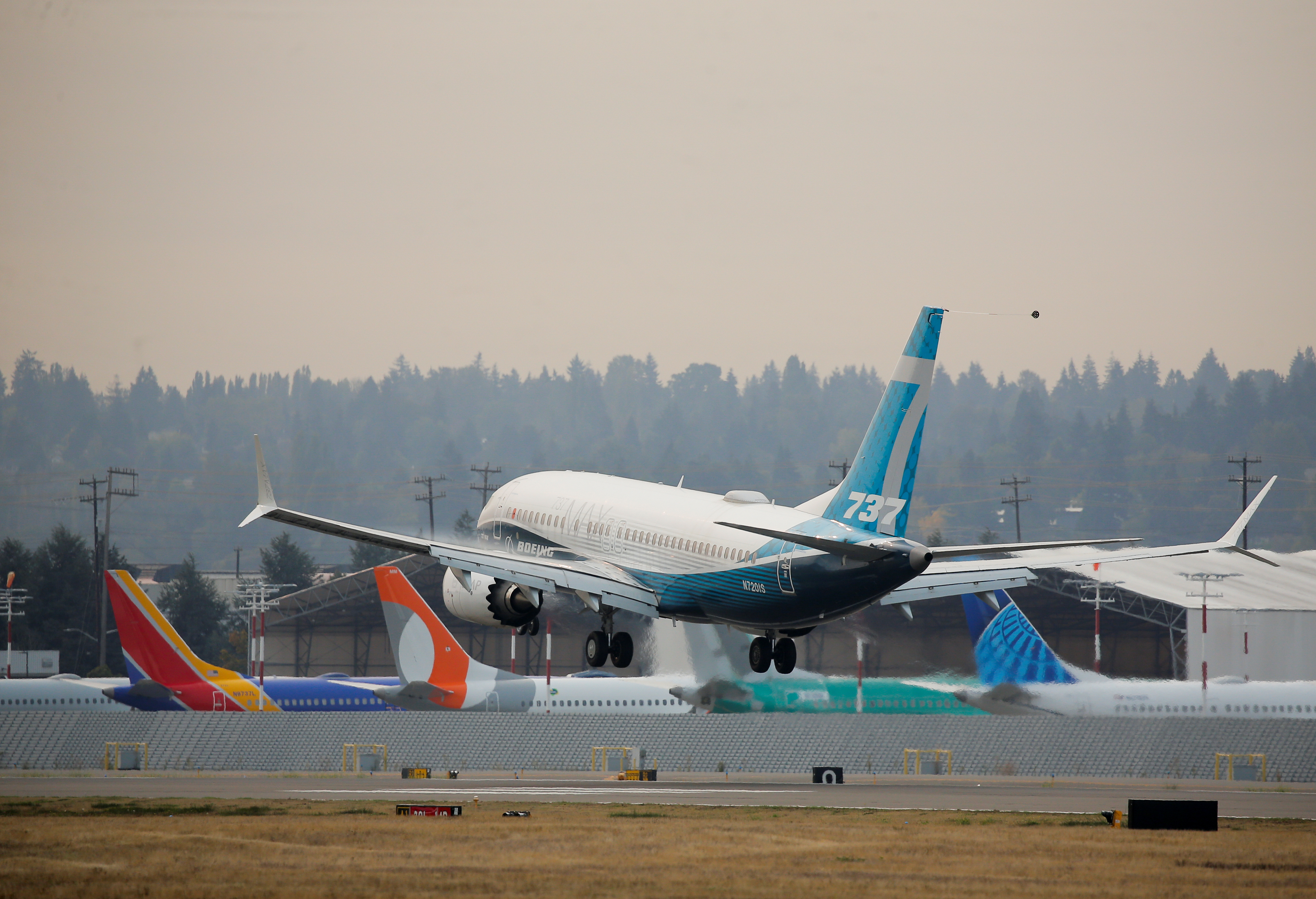 A Boeing 737 MAX aircraft lands during an evaluation flight in Seattle