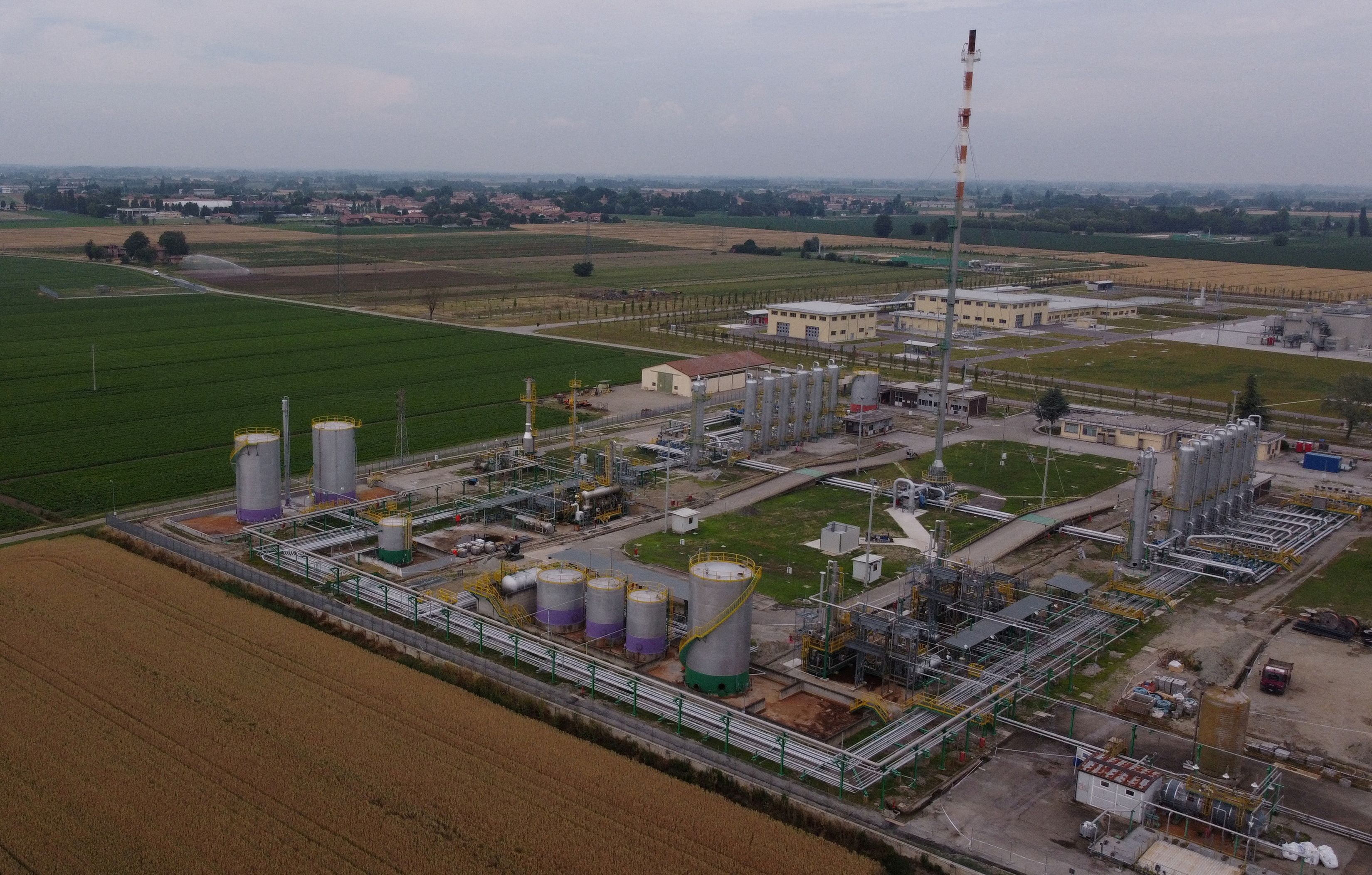 An aerial view of the SNAM underground gas storage facility in Minerbio