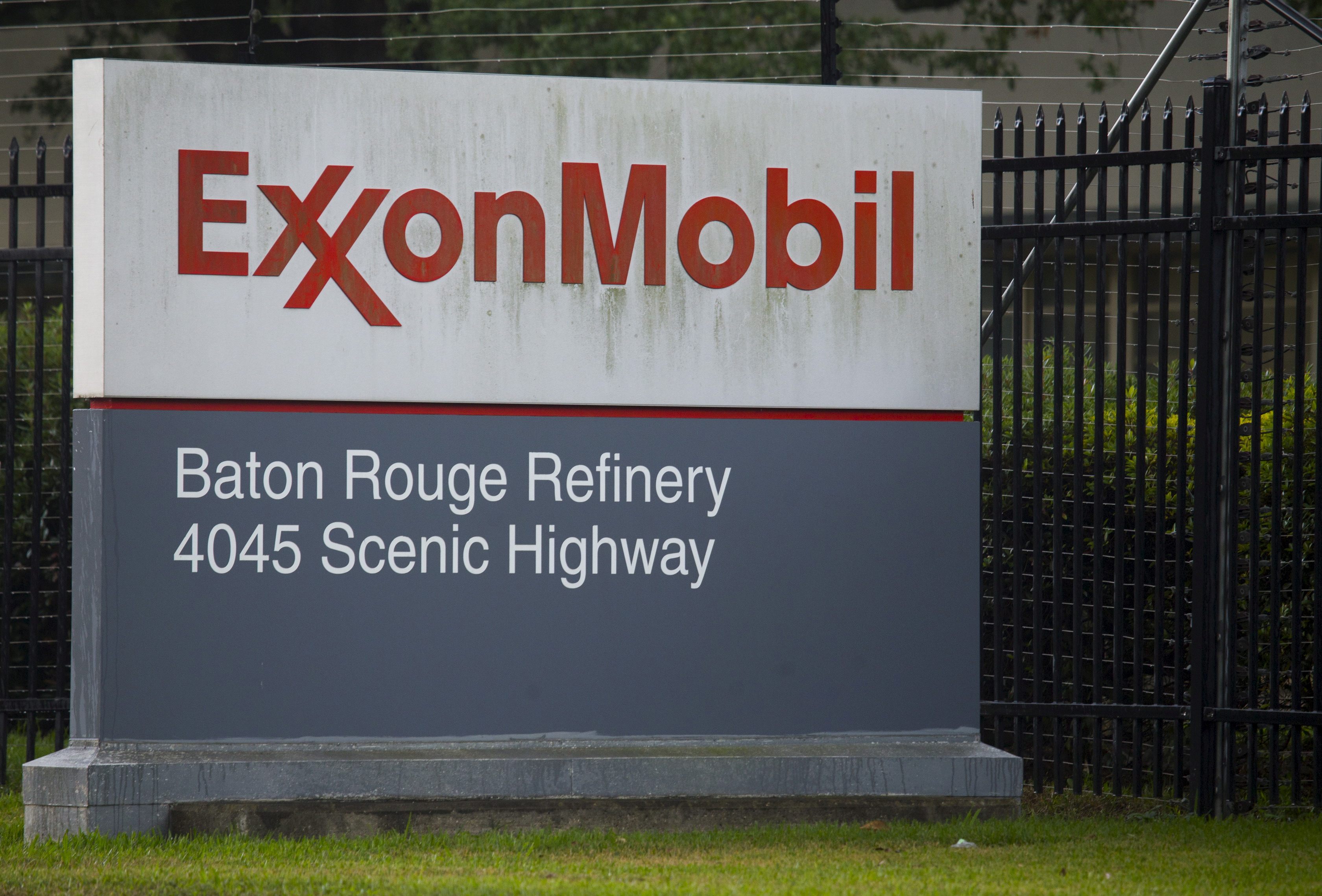 A sign is seen in front of the Exxonmobil Baton Rouge Refinery in Baton Rouge, Louisiana.
