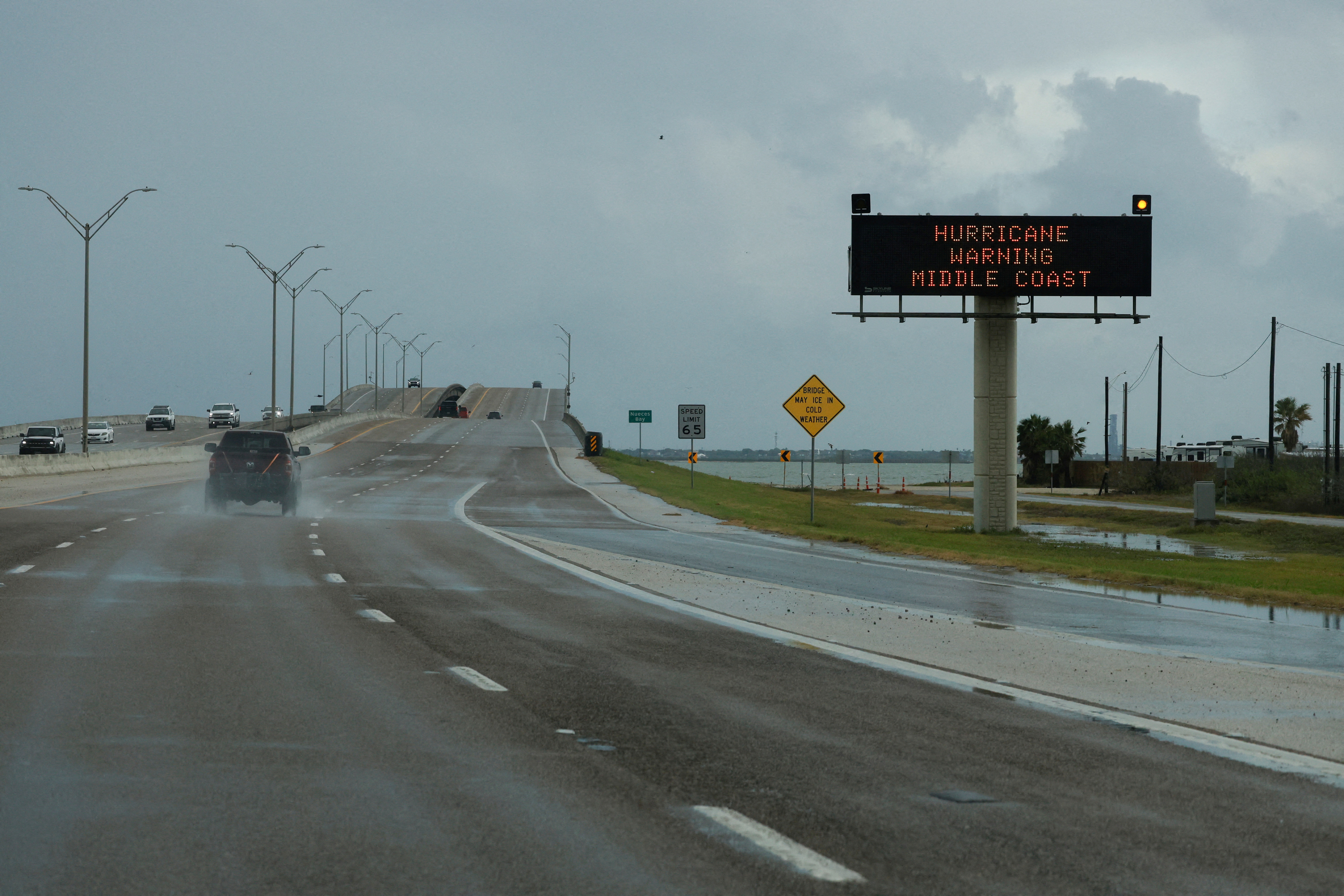 A Hurricane warning sign is pictured in Corpus Christi, Texas