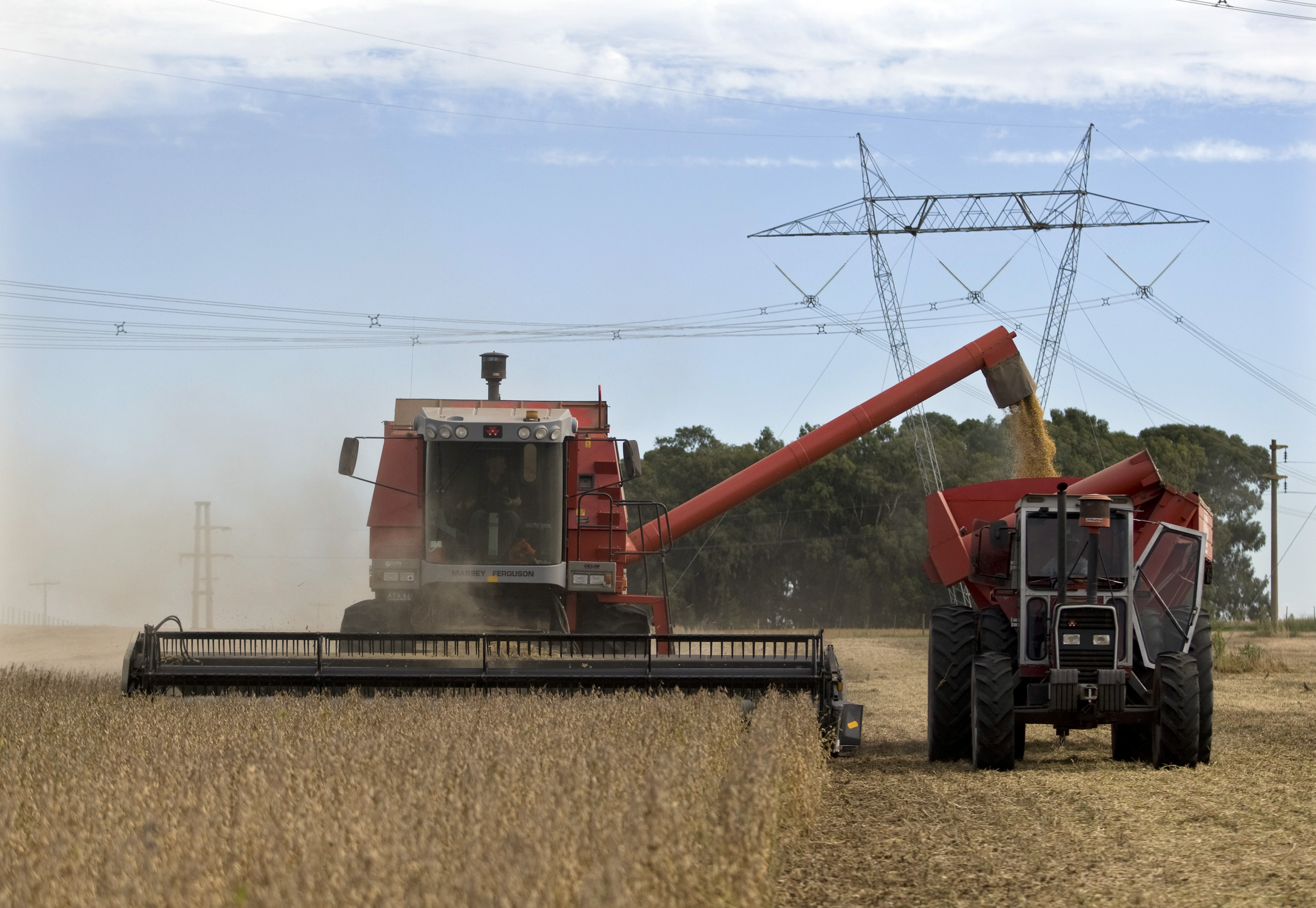 Farmers harvest soybeans in Argentina's town of Estacion Islas