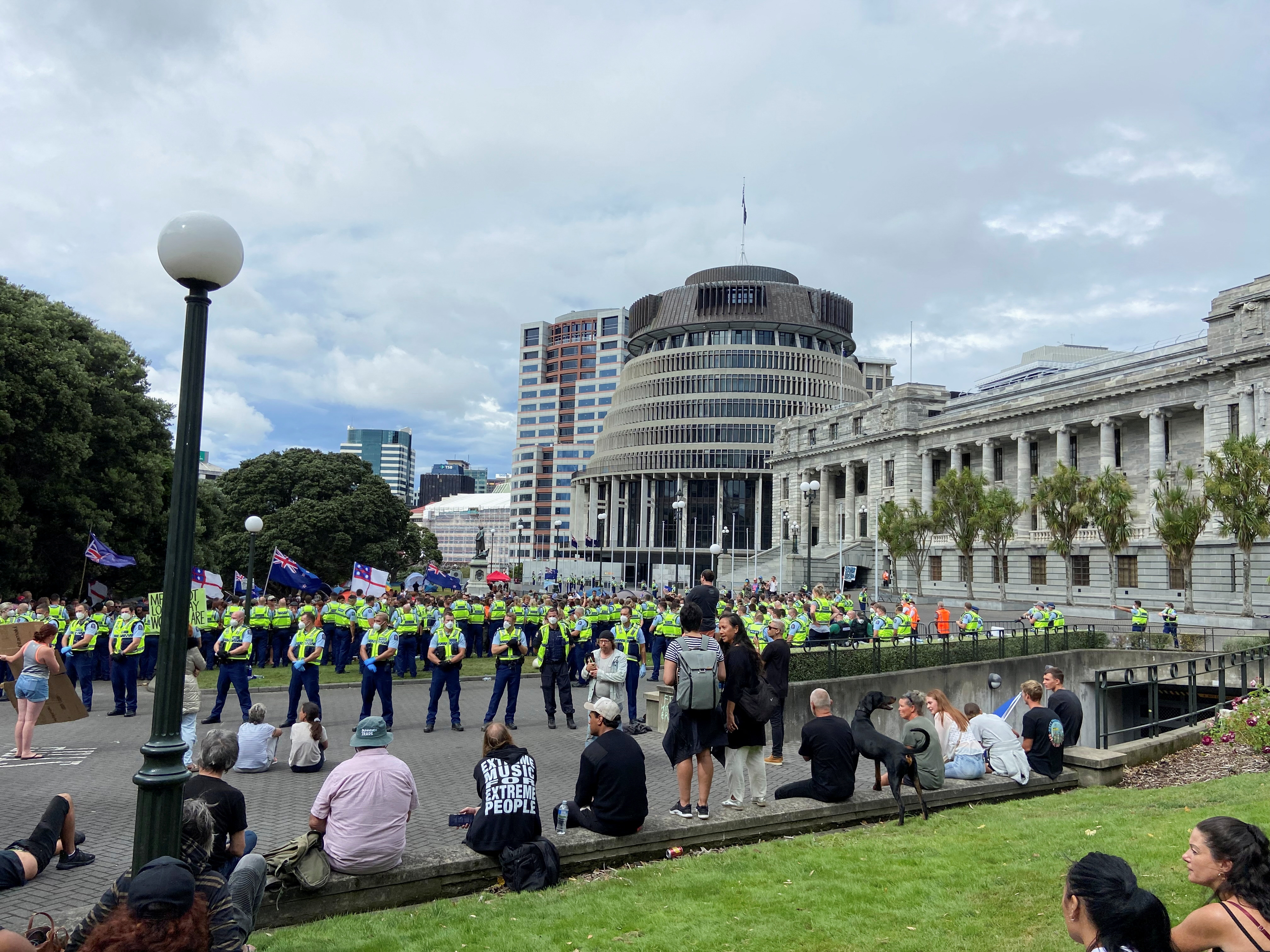 Anti-vaccine mandate protesters gather to demonstrate in front of the parliament, in Wellington