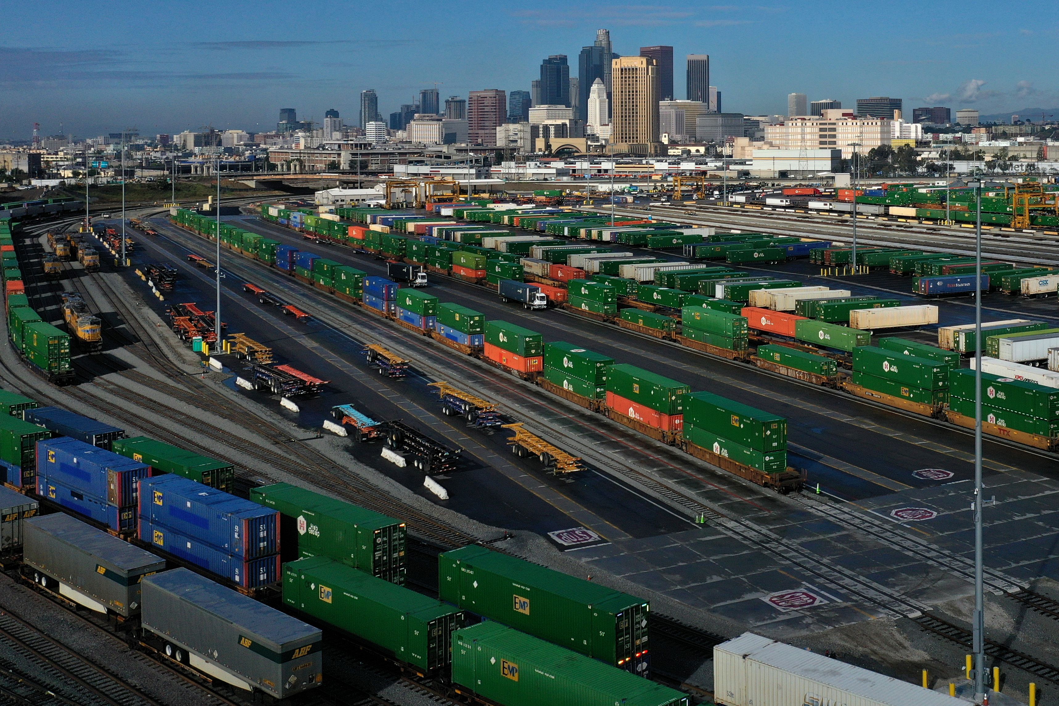 Shipping containers sit on train tracks downtown as the spread of the coronavirus disease (COVID-19) continues, in Los Angeles