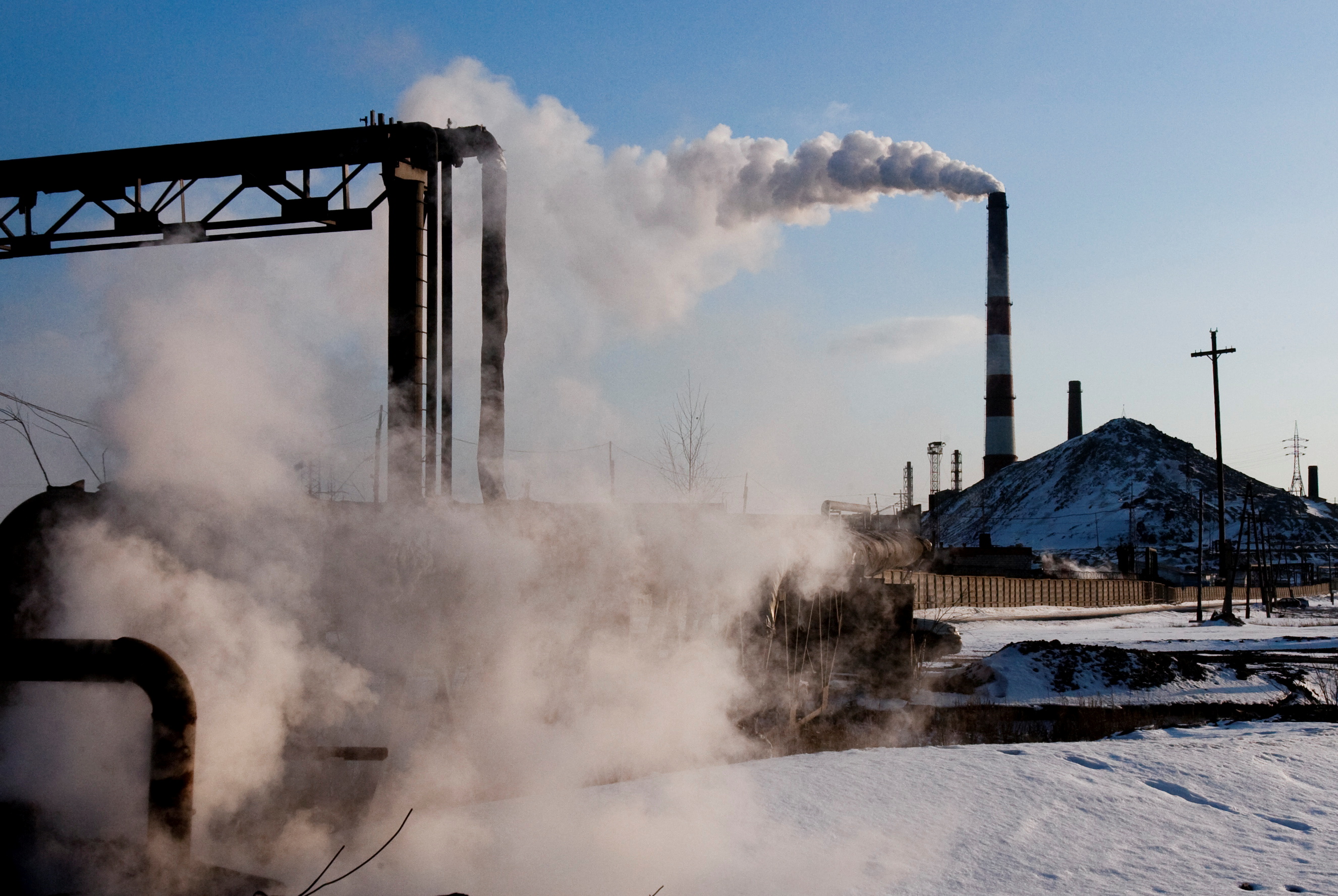 Smokes billows from the Karabashmed copper smelter in the Urals town of Karabash