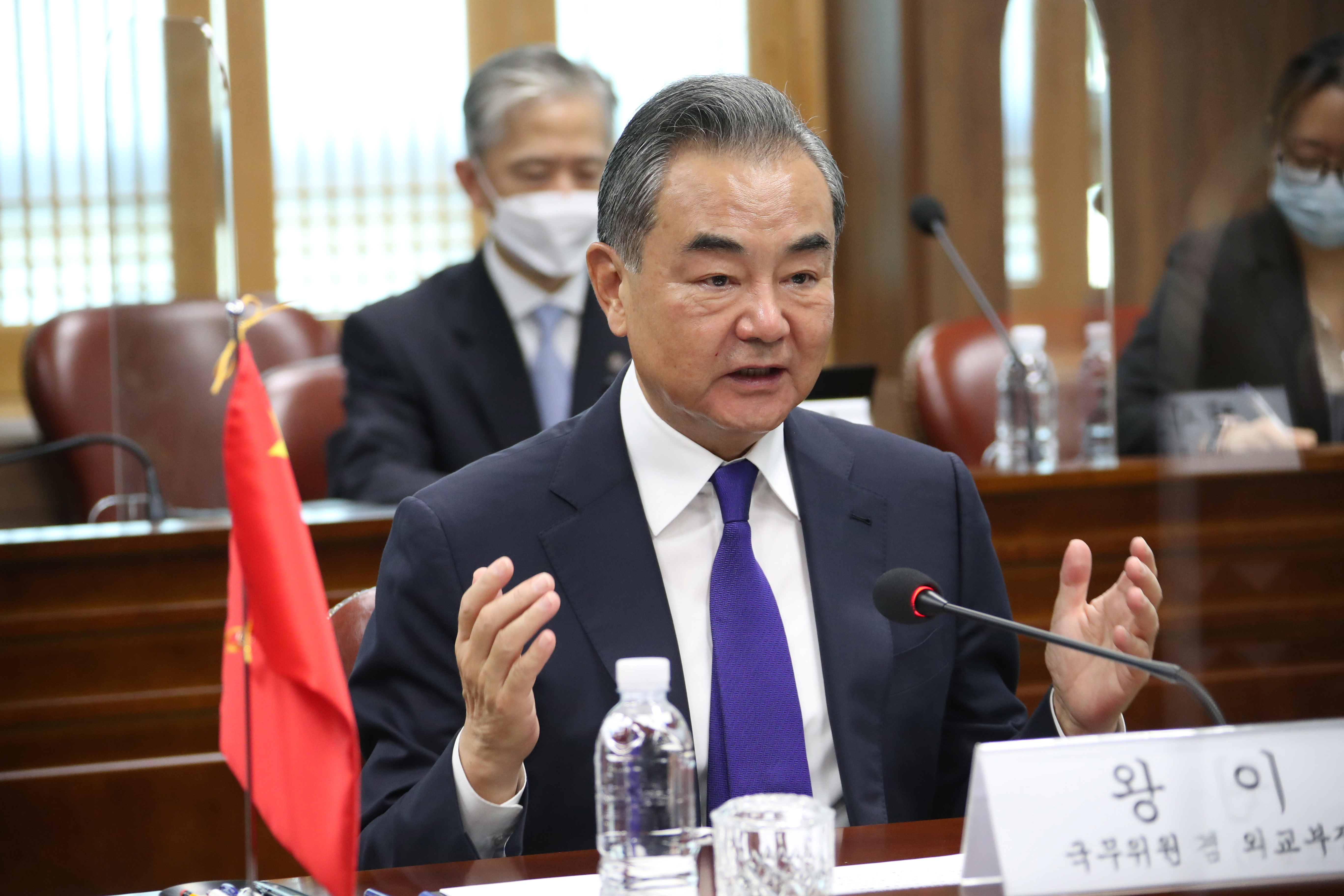Chinese Foreign Minister Wang Yi speaks during a meeting with his South Korean counterpart Chung Eui-yong at Foreign Ministry in Seoul