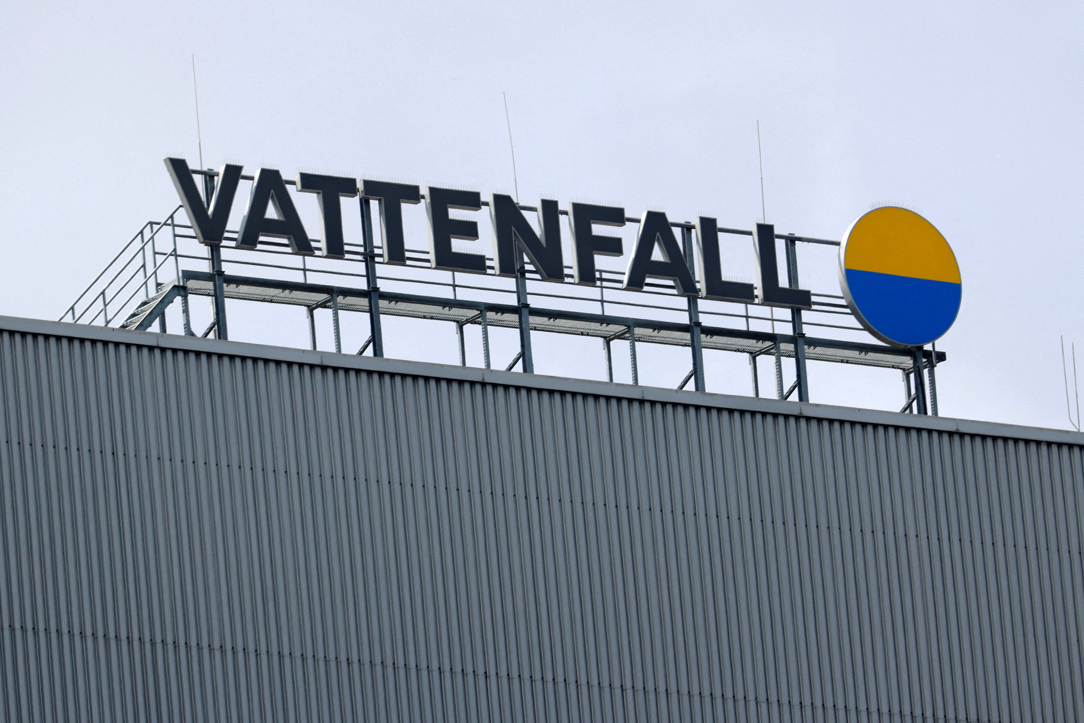 Vattenfall logo hangs at the entrance of a combined heat and power plant