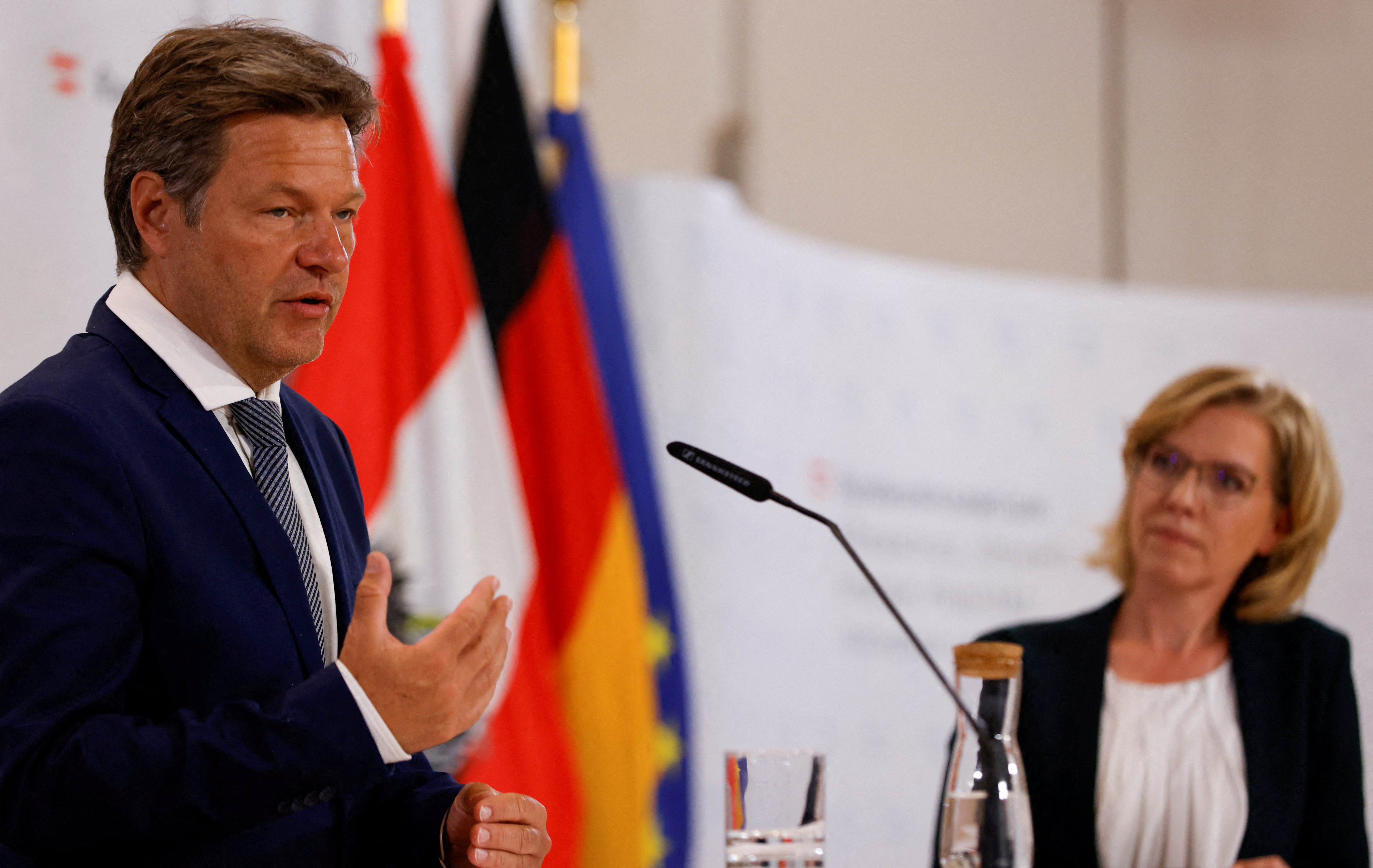 German Vice-Chancellor and Economy Minister Habeck and Austrian Energy Minister Gewessler address a news conference in Vienna