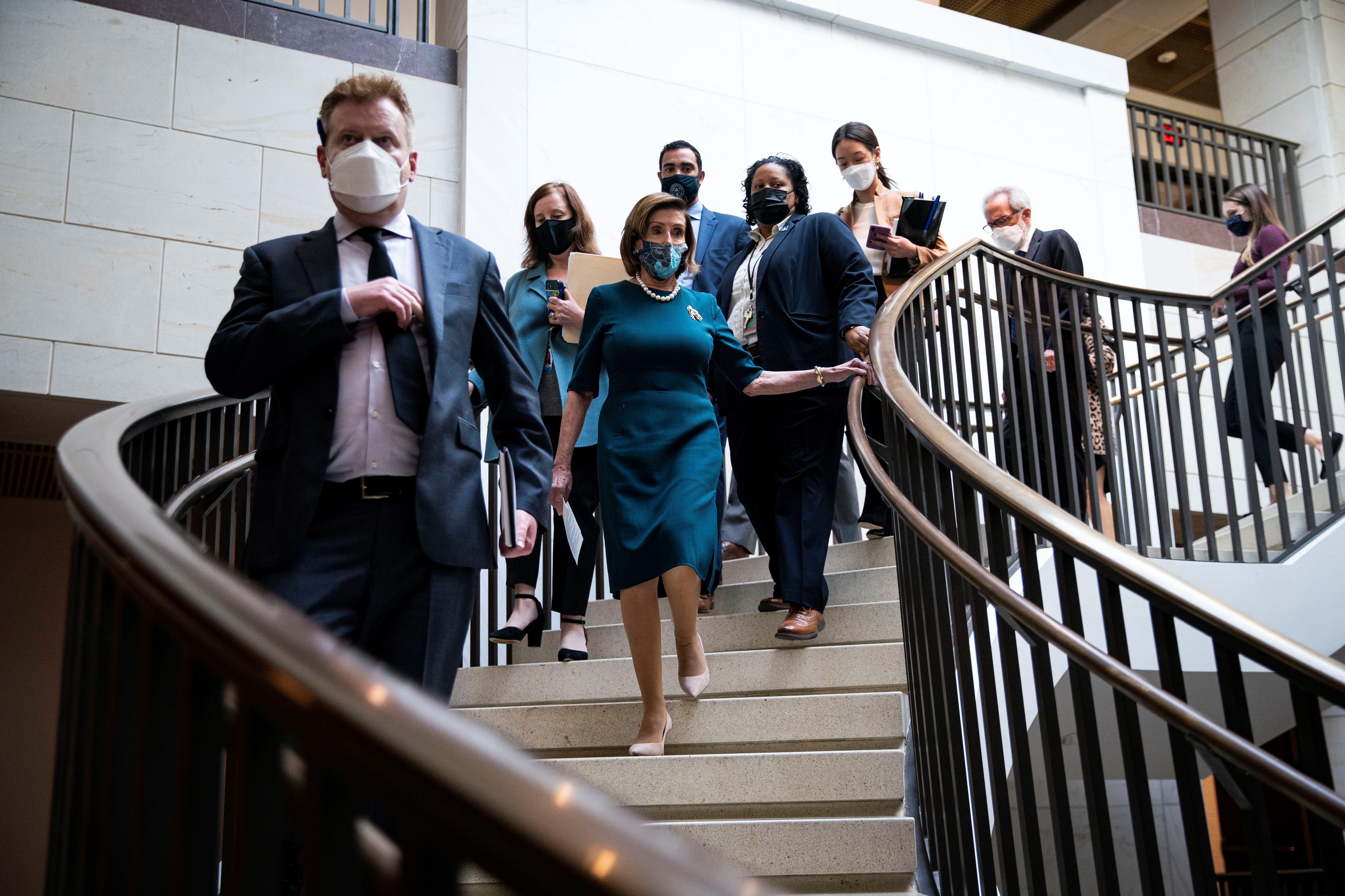 House Speaker Nancy Pelosi (D-CA) arrives to speak during a progressive caucus meeting on Capitol Hill