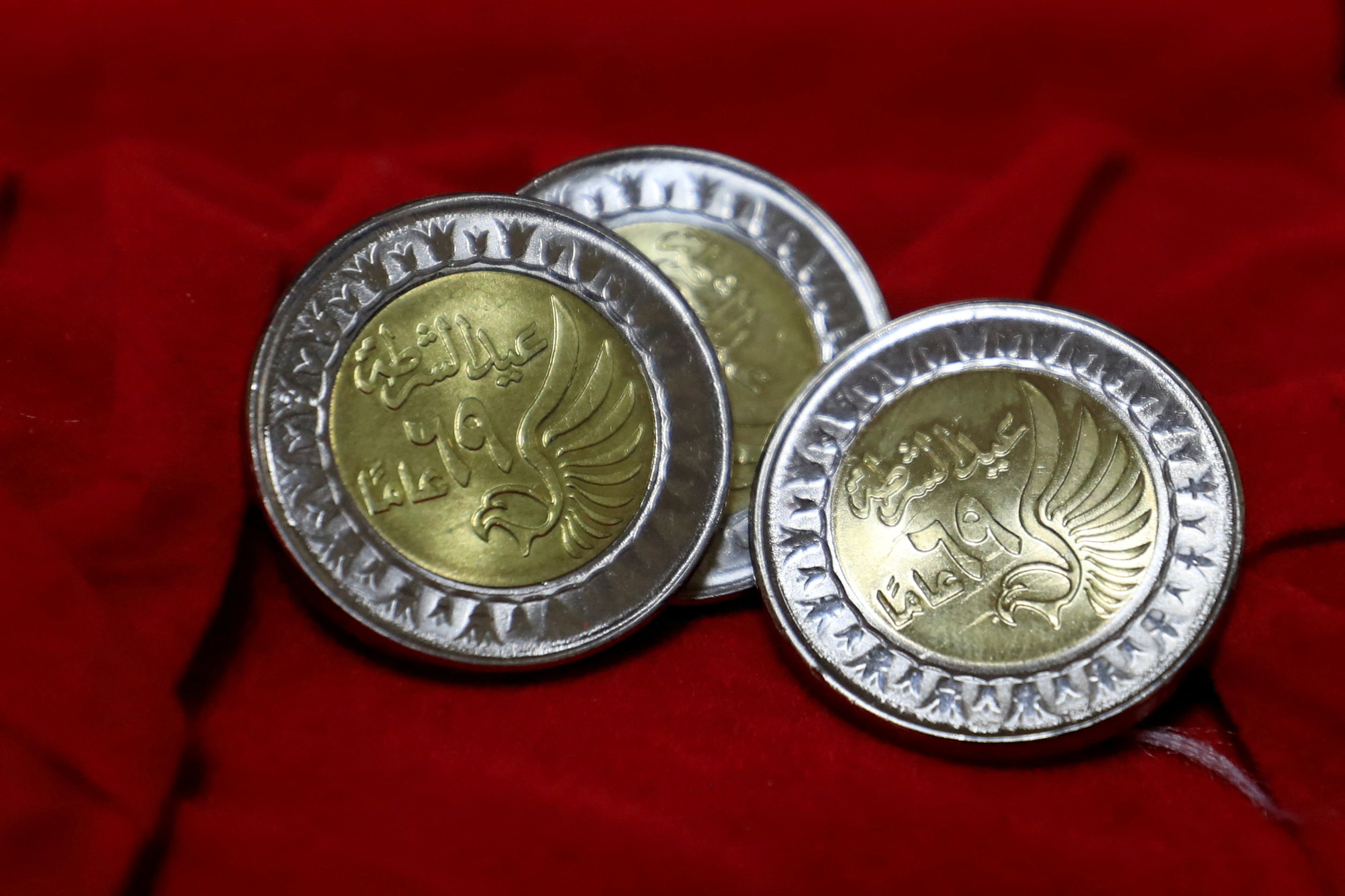 Coins of a one Egyptian pound are seen at the Mint Museum to mark police day which falls on January 25, the anniversary of the country's 2011 uprising, in Cairo
