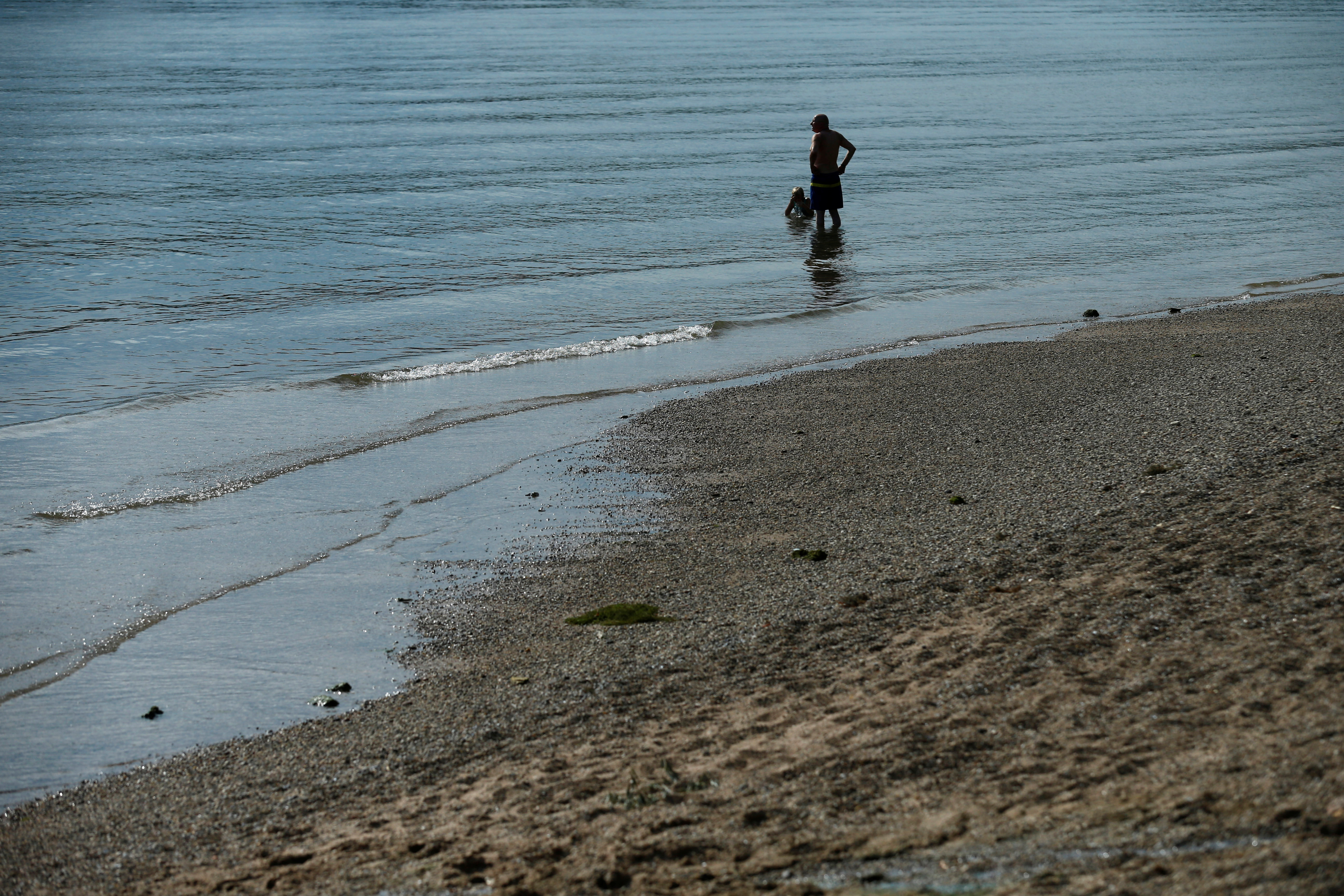 People relax standing in the river Rhine near Geinsheim