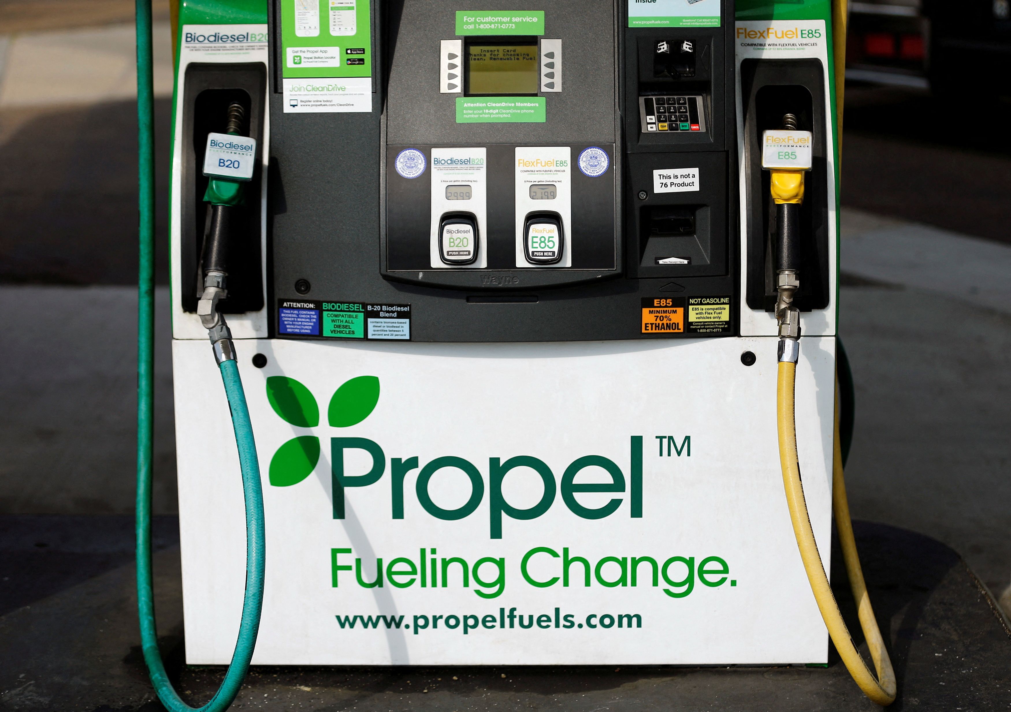 Pump at an alternative fueling station that provides fuel other than gasoline is shown in San Diego, California