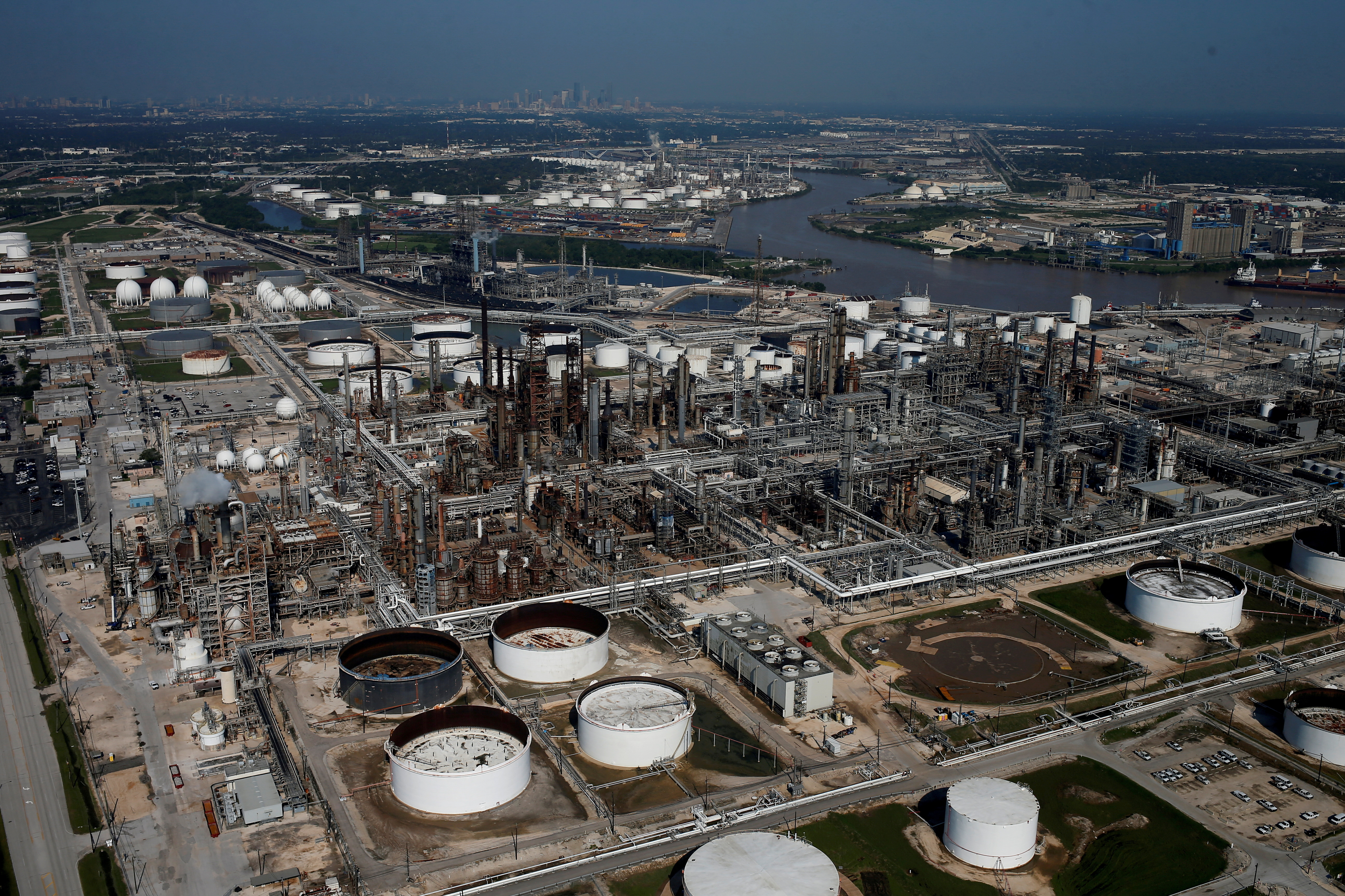An aerial view of LyondellBasell-Houston Refining is seen in Houston, Texas
