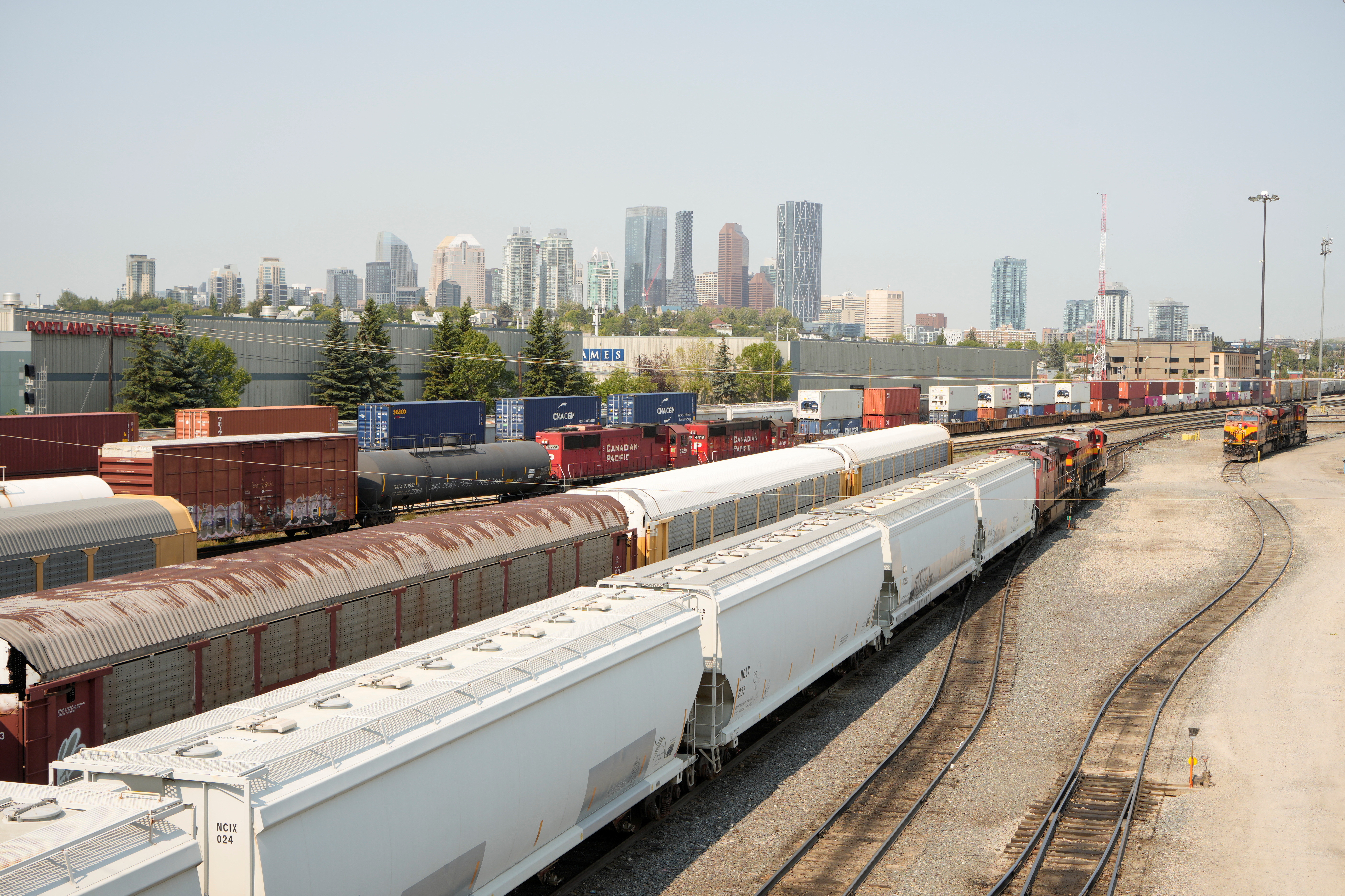 Trains sit at CPKS Alyth yards near downtown Calgary after the Teamsters union workers were locked out by the company in Calgary