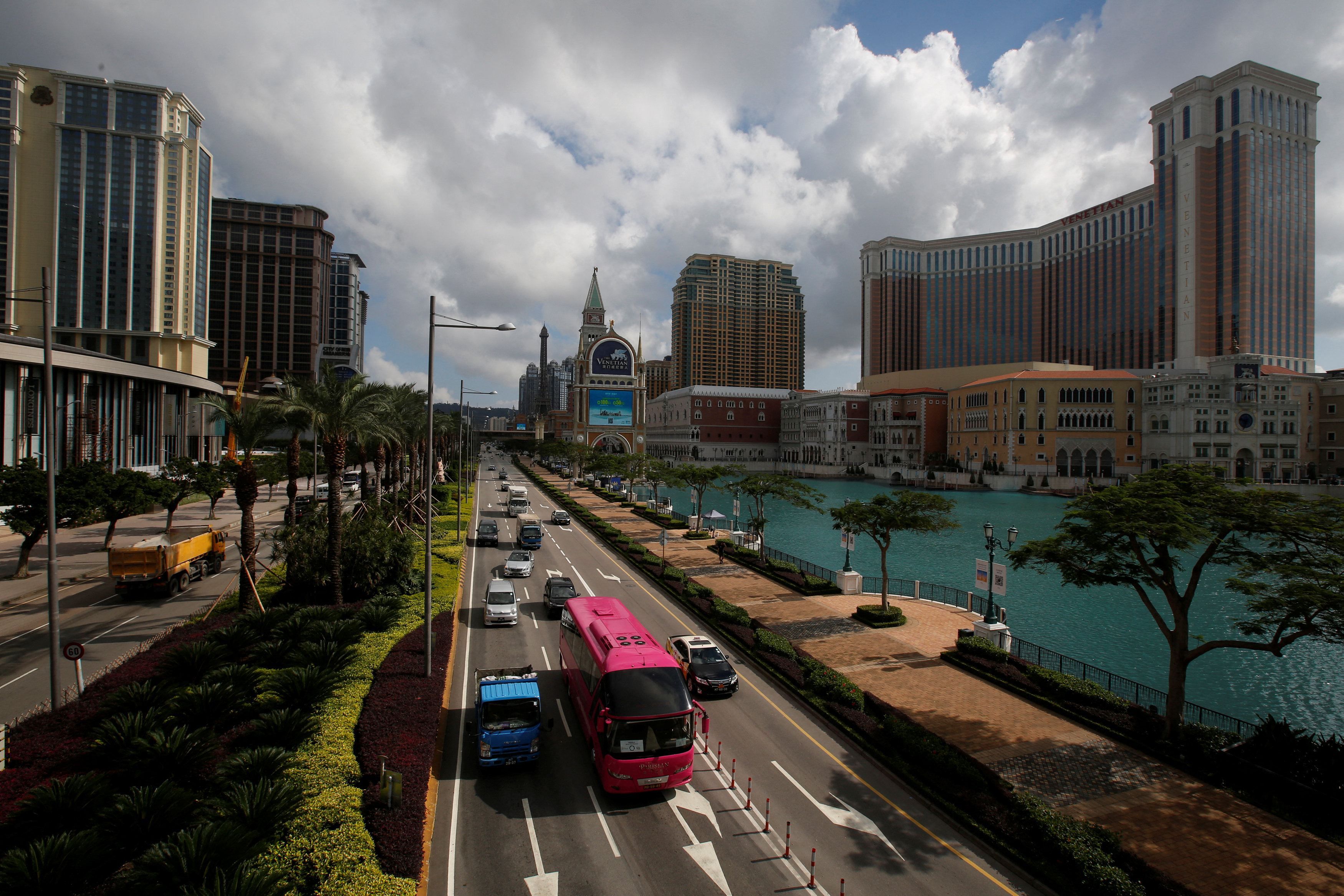 Traffic flows past gaming resorts at Cotai Strip in Macau