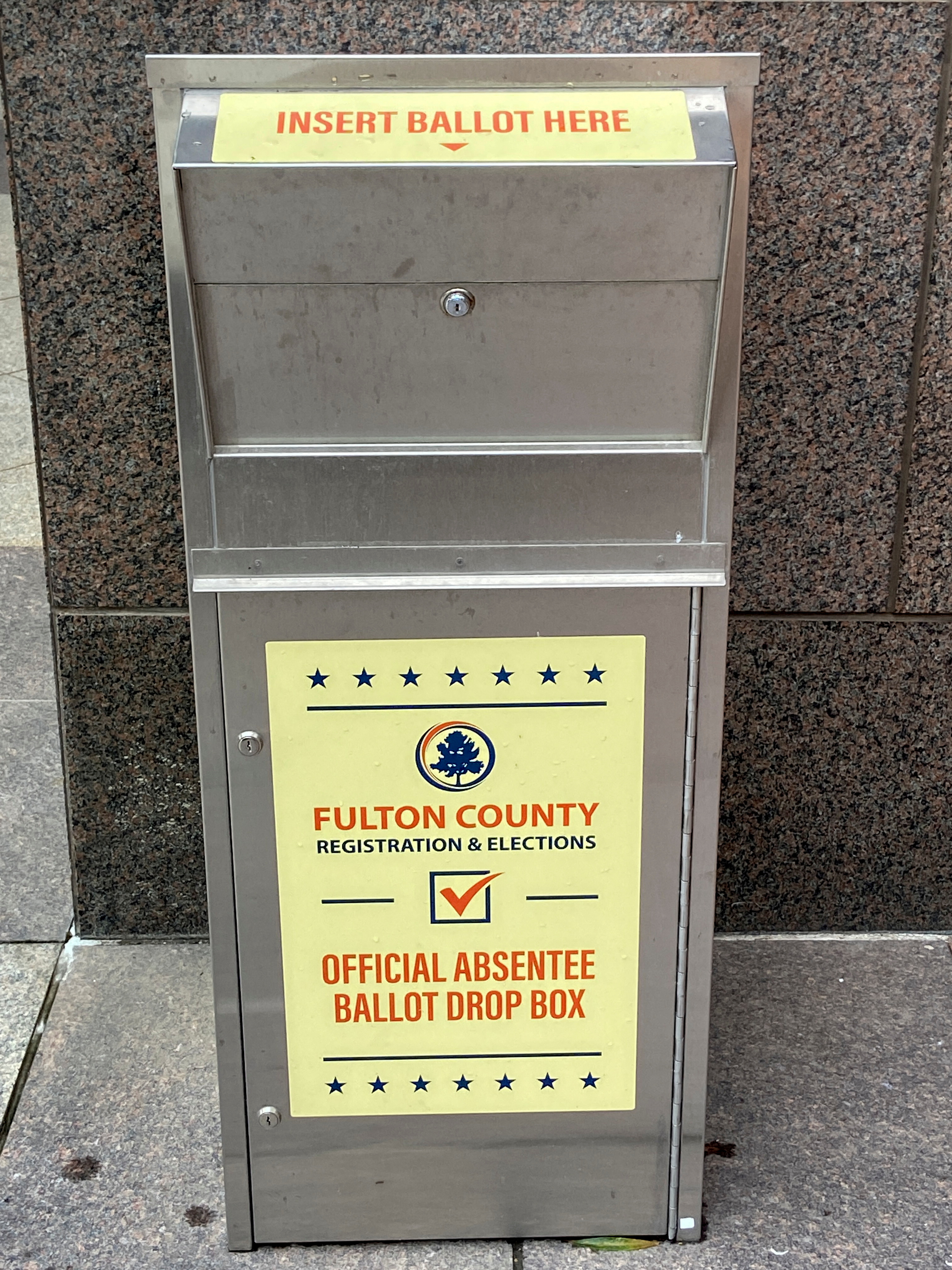 A Fulton County absentee ballot drop box is seen in Atlanta, Georgia