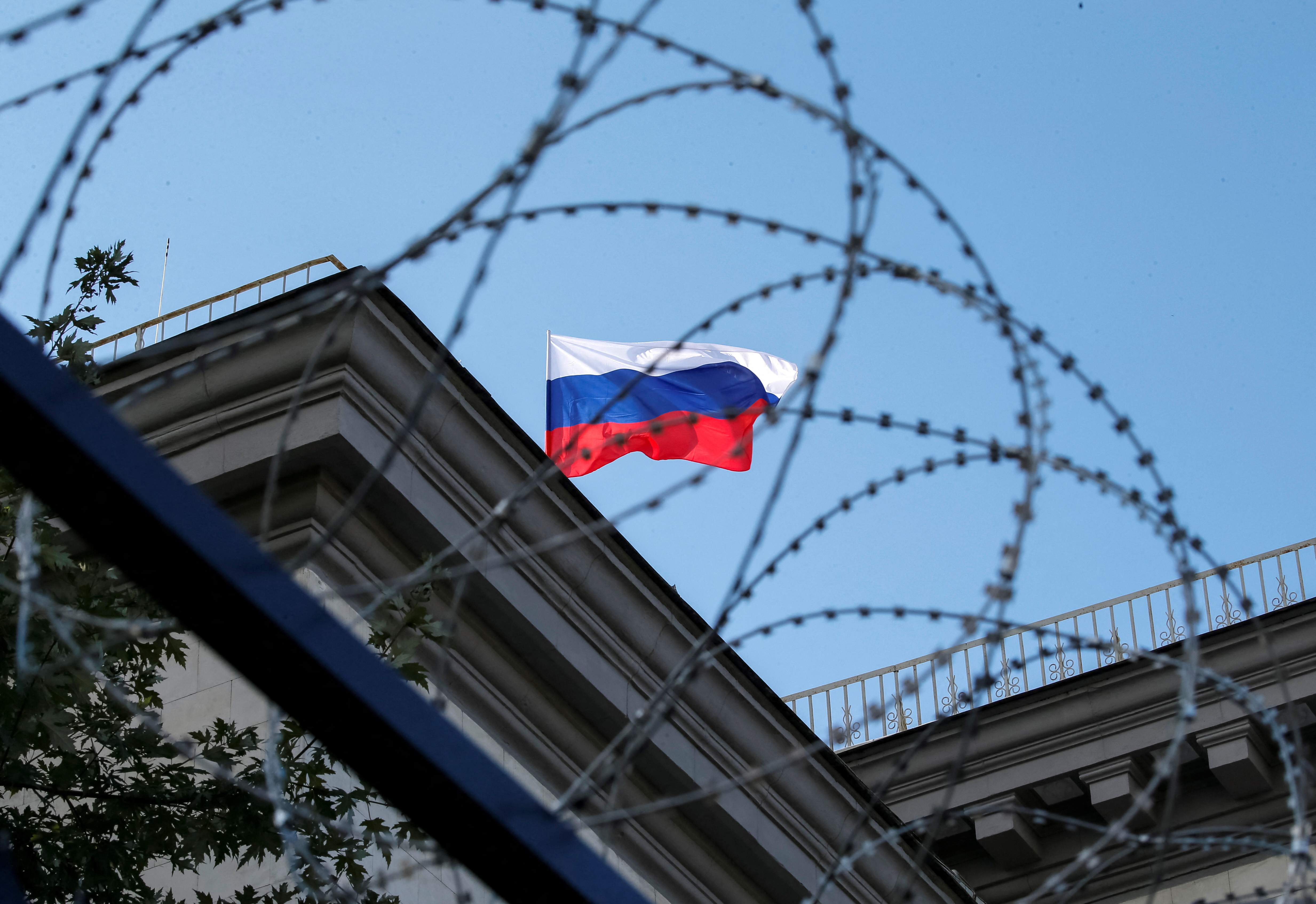 A Russian national flag is seen at the roof of Russian embassy in Kiev