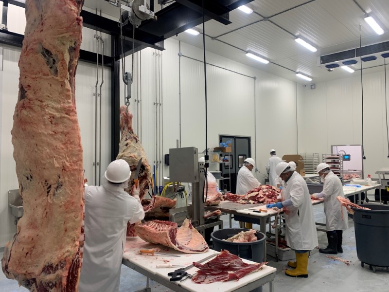 Workers use knives to butcher cattle carcasses at a new Hertzog Meat Co beef plant, in Butler