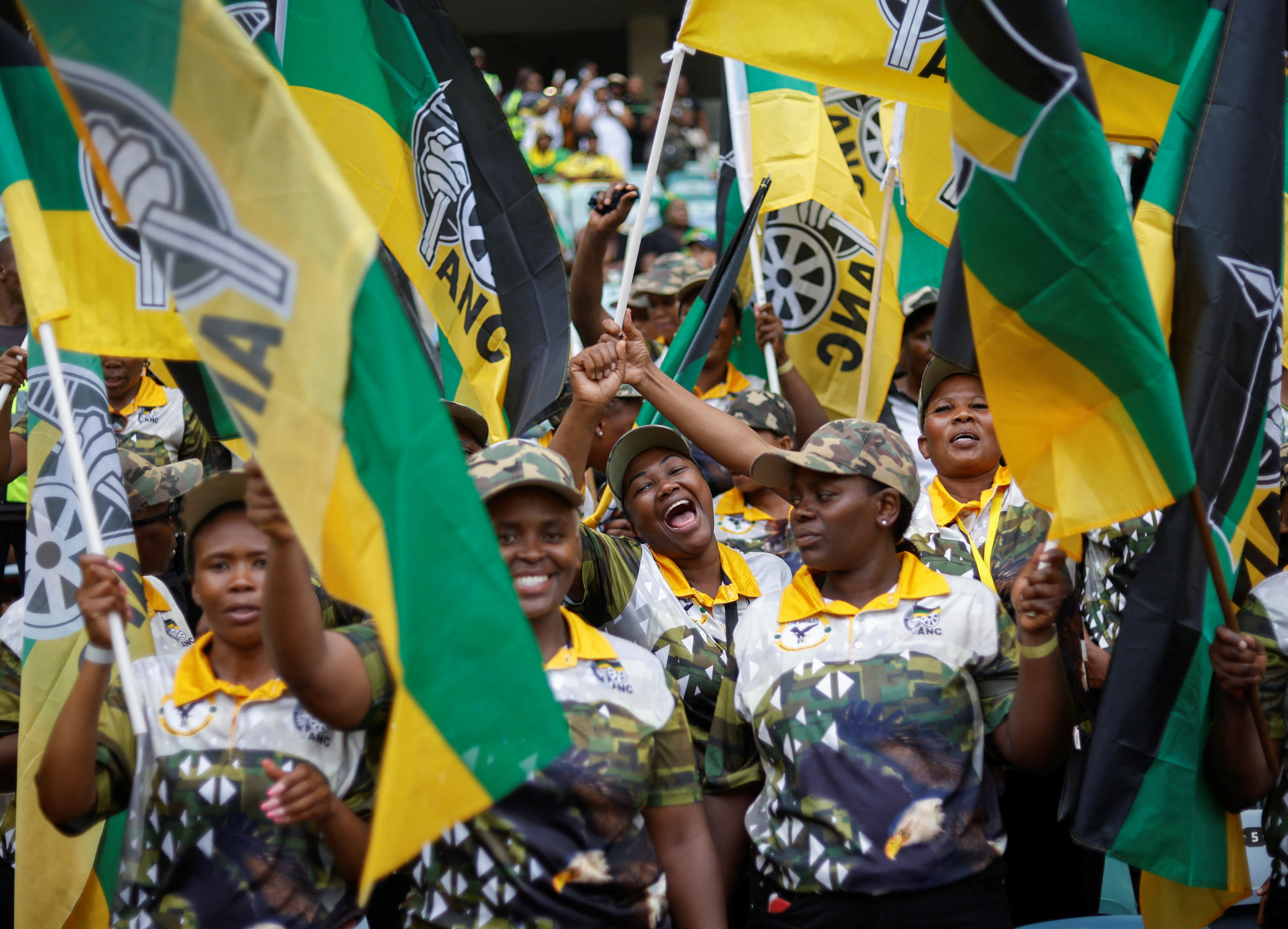 Supporters react at the African National Congress Election Manifesto launch in Durban