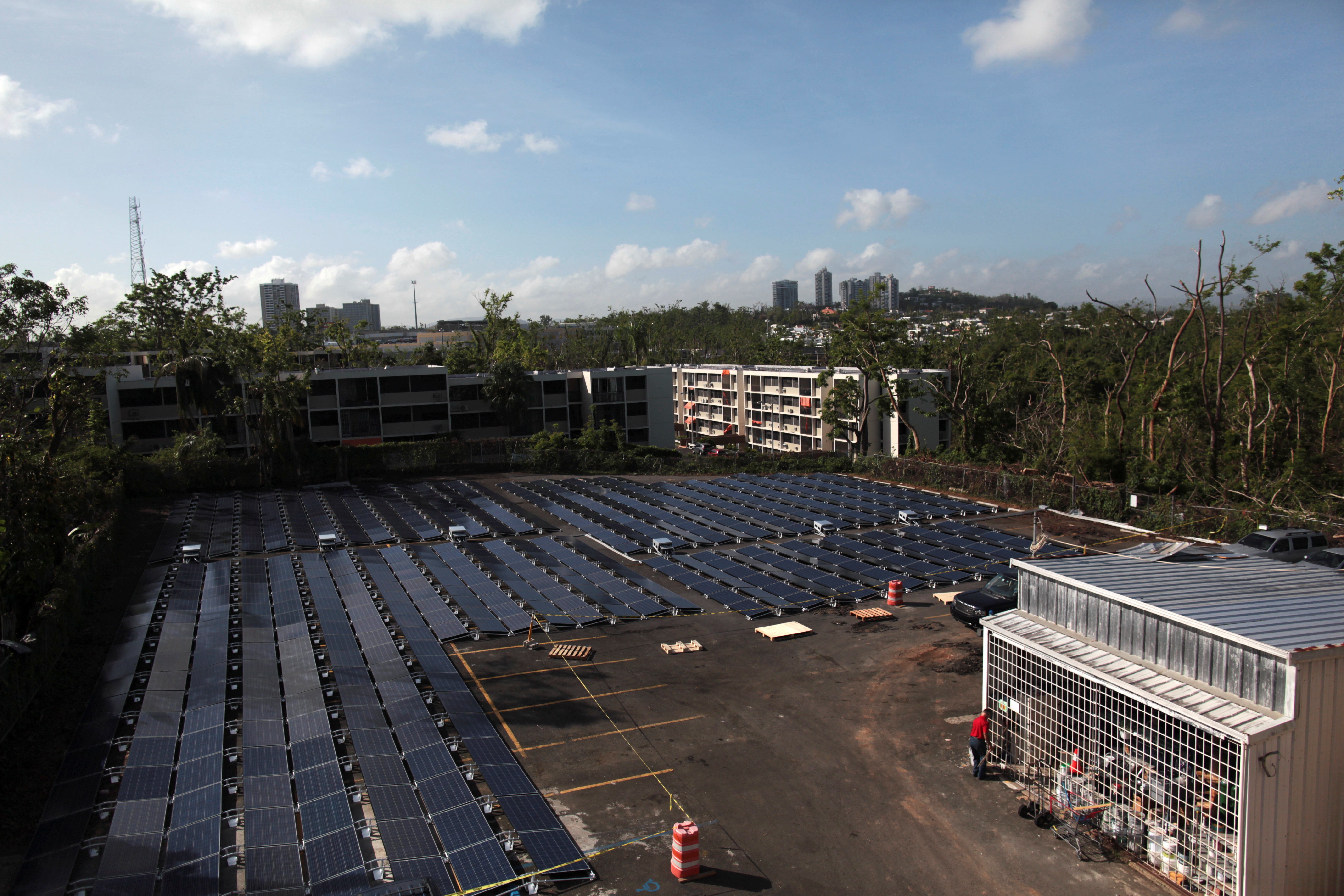 Solar panels set up at the San Juan Children's Hospital in Puerto Rico, after the island was hit by Hurricane Maria in September 2017. REUTERS/Alvin Baez 