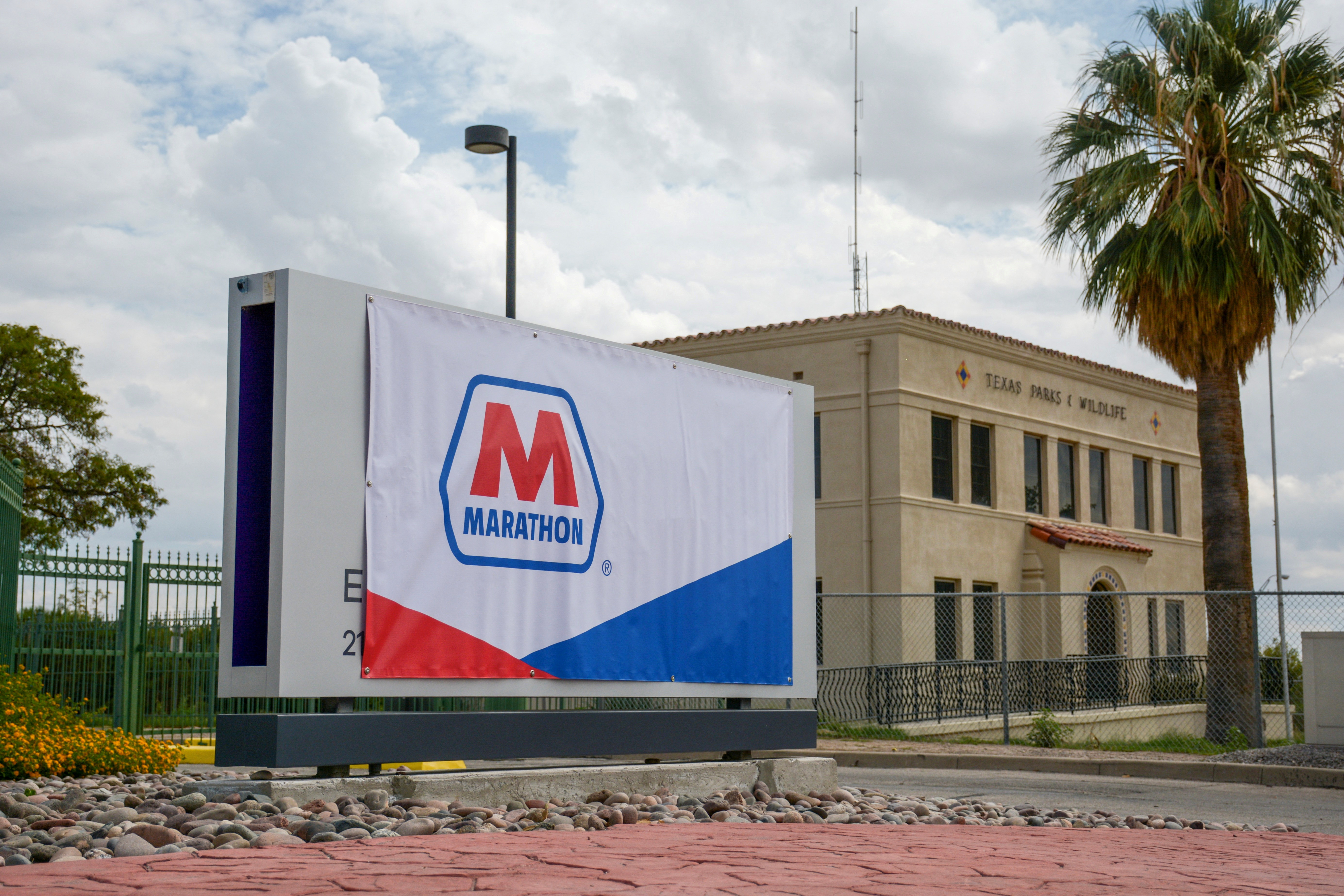 A Marathon Petroleum banner covers an Andeavor sign outside the El Paso refinery in El Paso