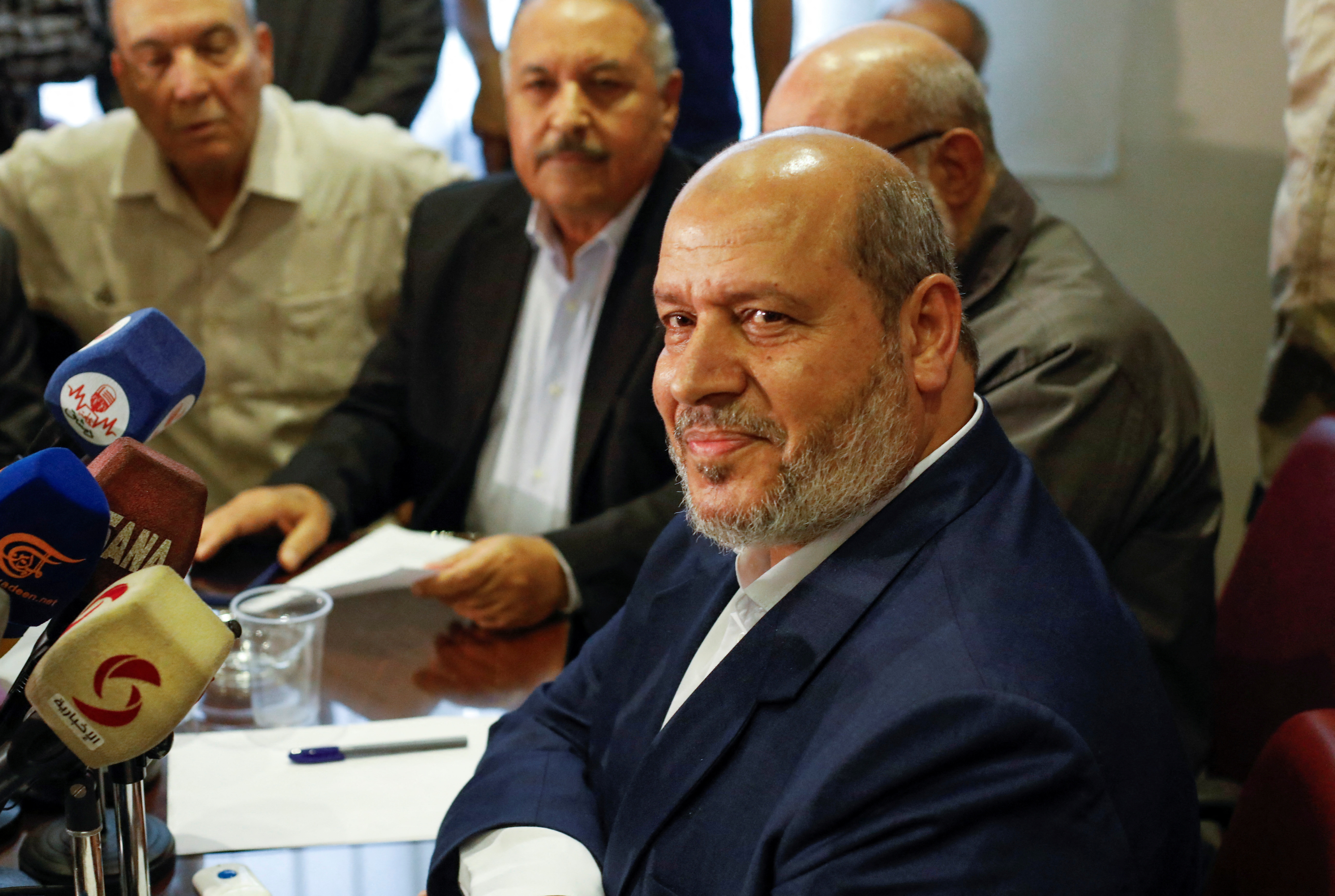 Hamas politburo member Khalil al-Hayya attends a news conference in Damascus