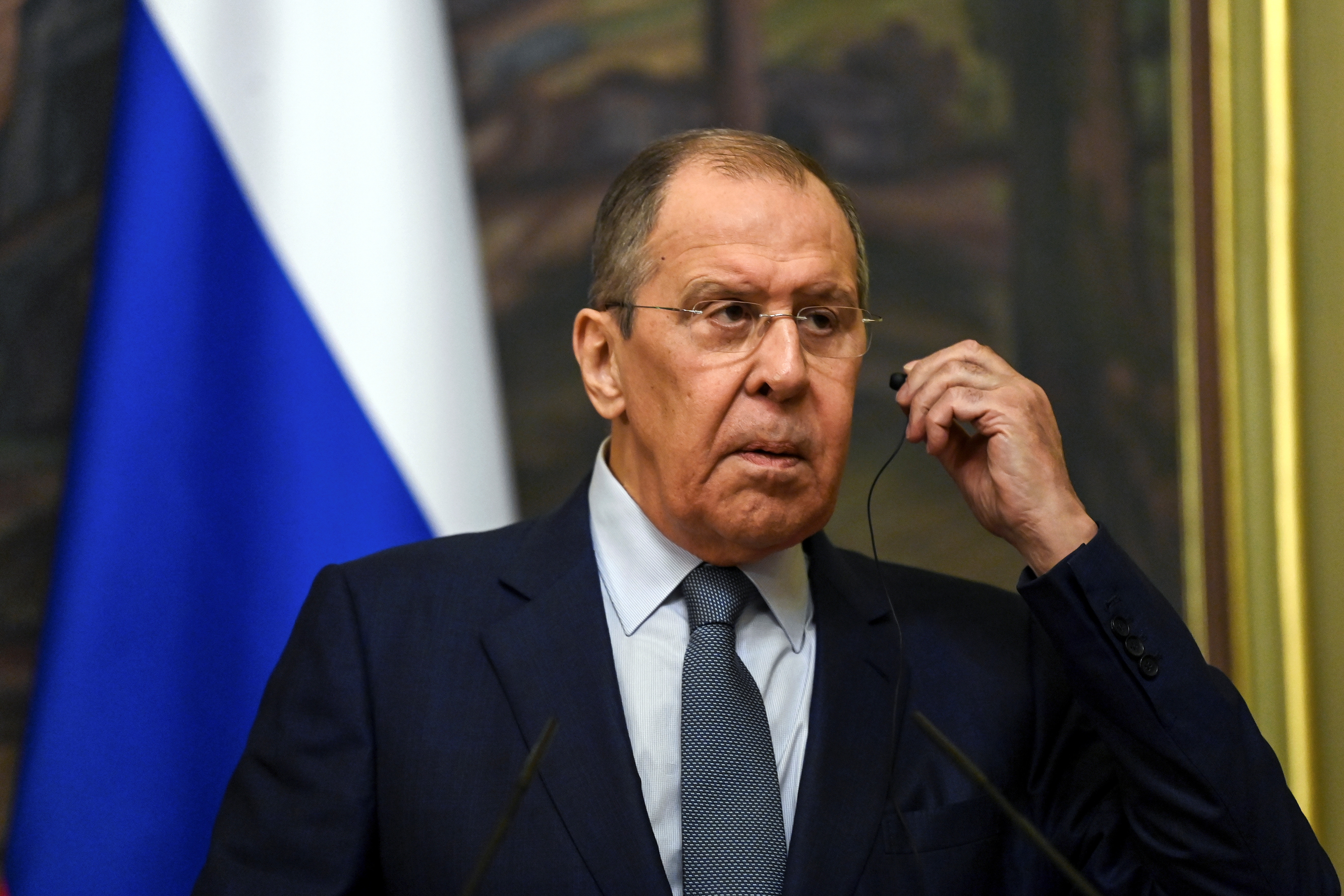 Russian Foreign Minister Sergei Lavrov attends a joint news conference with his Iranian counterpart Hossein Amir-Abdollahian following their meeting, in Moscow, Russia, October 6, 2021. Kirill Kudryavtsev/Pool via REUTERS