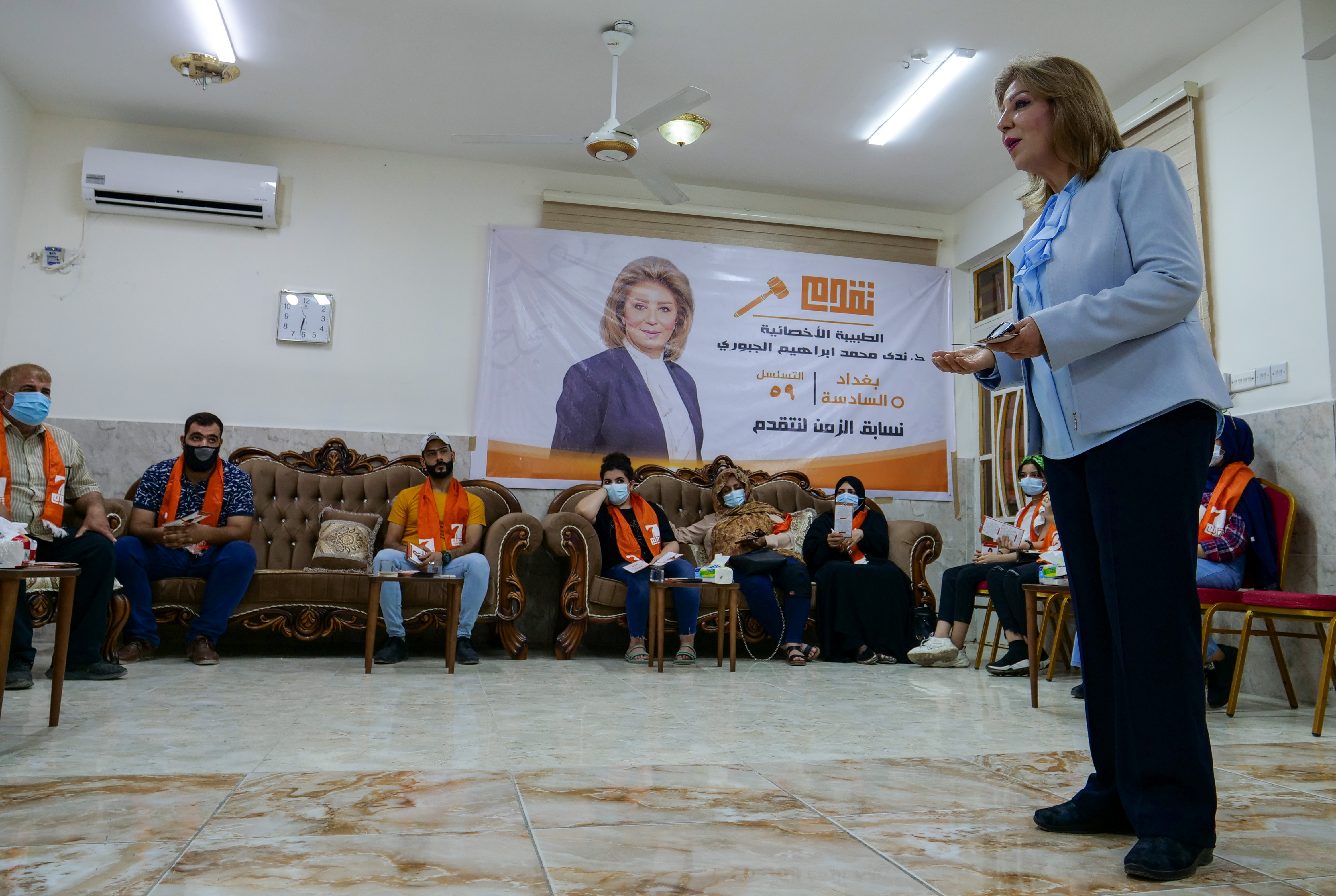 Nada al-Jubori, a candidate in Iraq's upcoming parliamentary elections, speaks to her supporters in Baghdad
