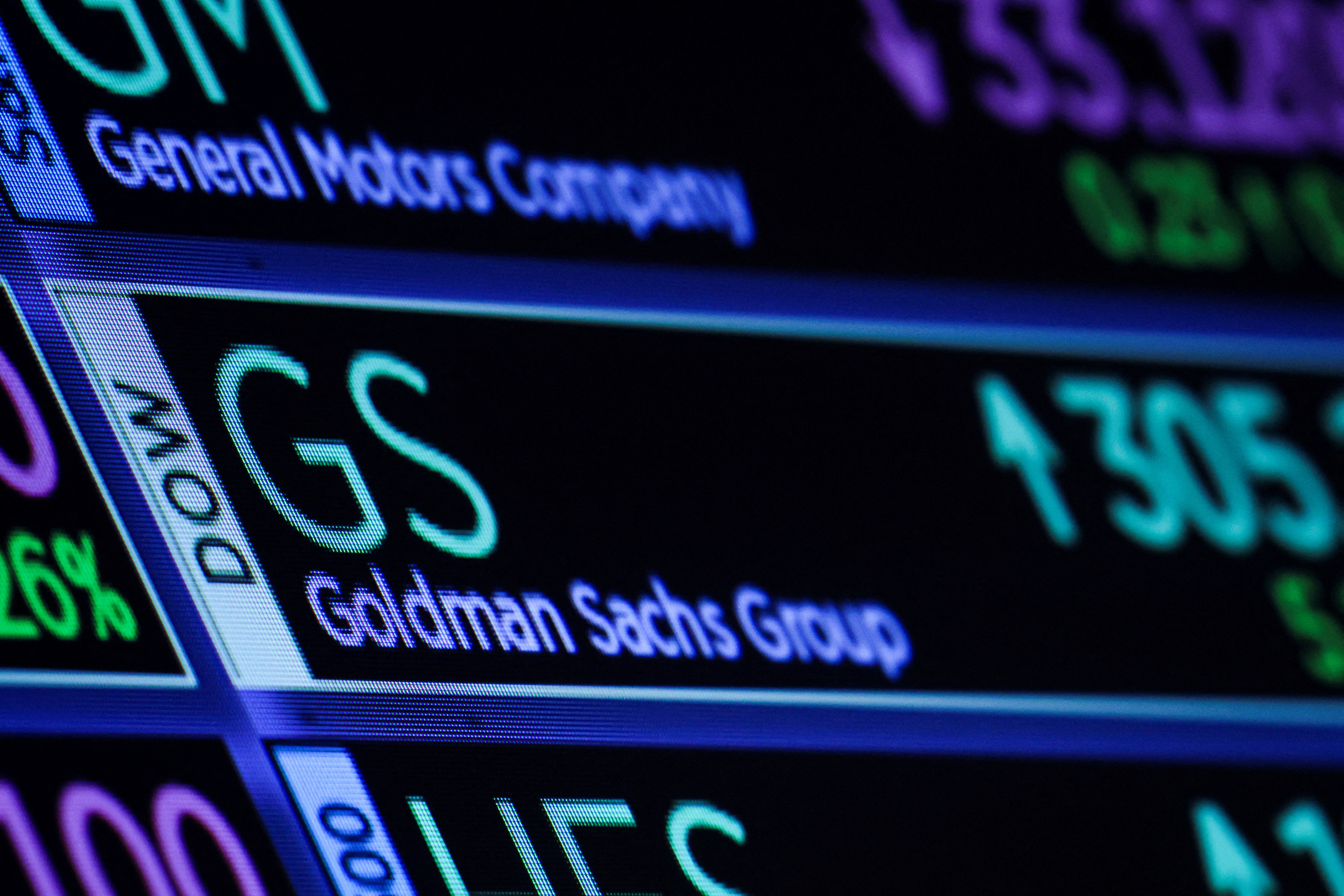 A screen displays the trading information for Goldman Sachs on the floor of the NYSE in New York