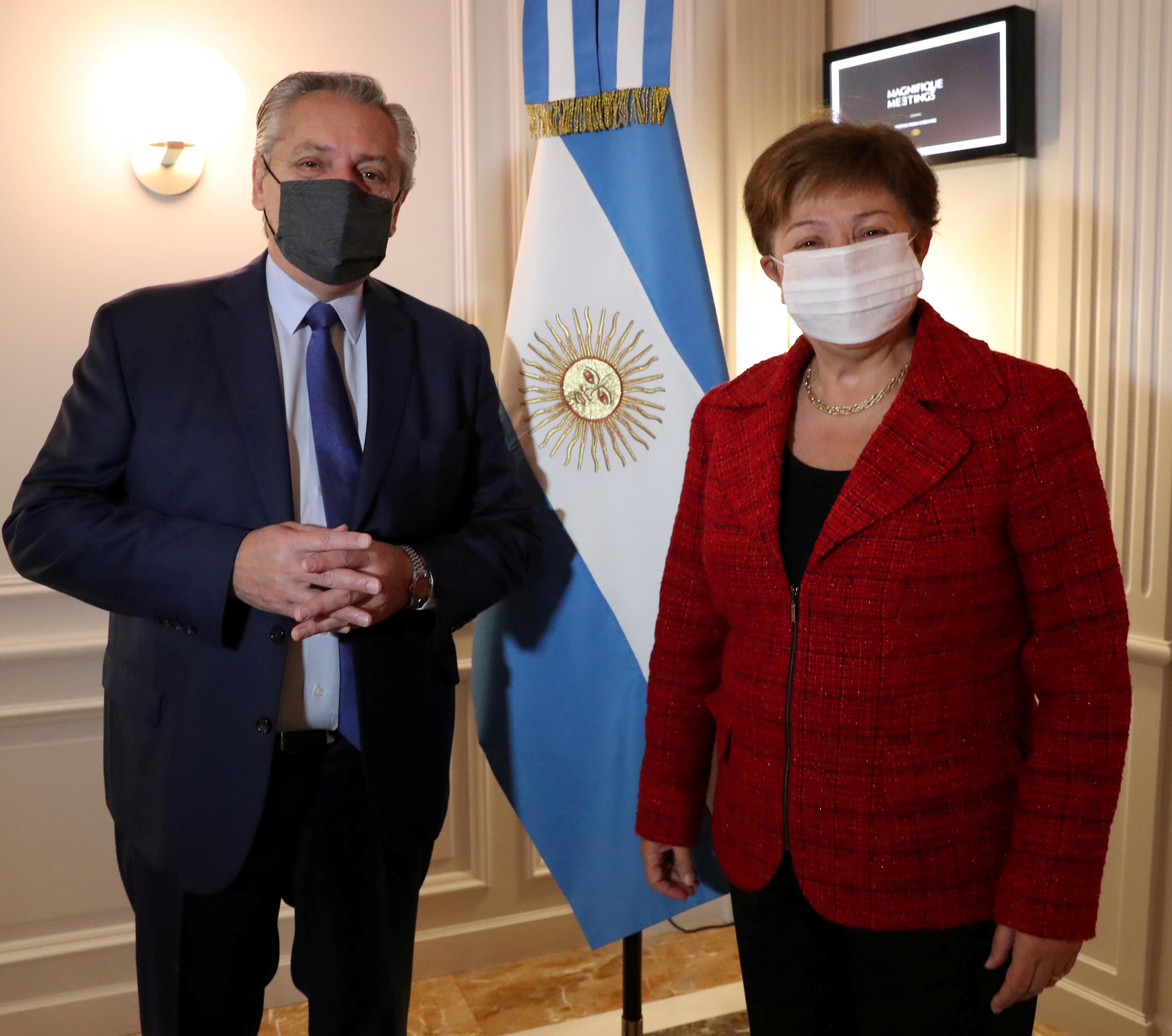 Argentina's President Alberto Fernandez poses next to International Monetary Fund (IMF) Managing Director Kristalina Georgieva, at the Sofitel hotel in Rome