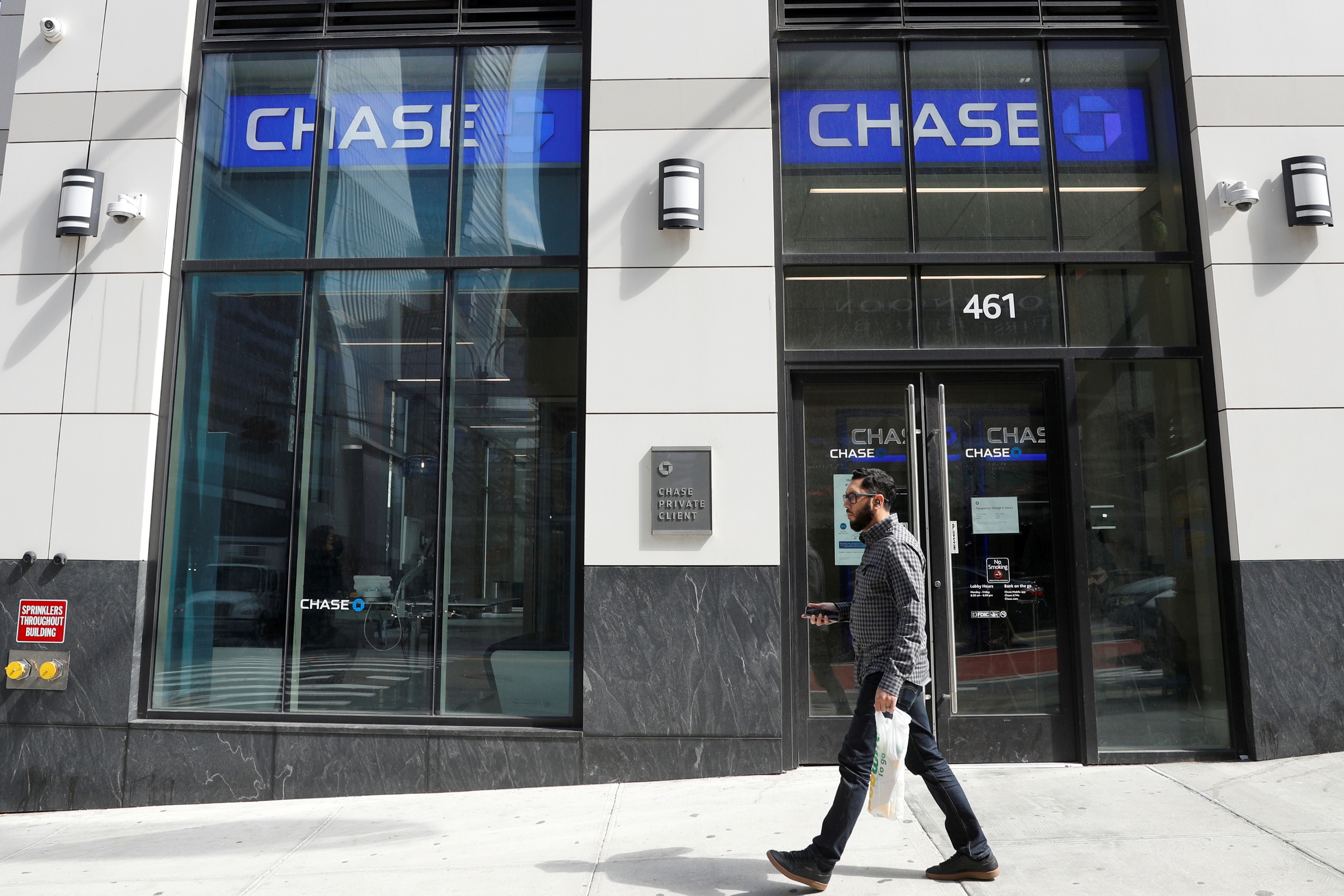 Cameras are seen on the exterior of a Chase Bank branch in New York
