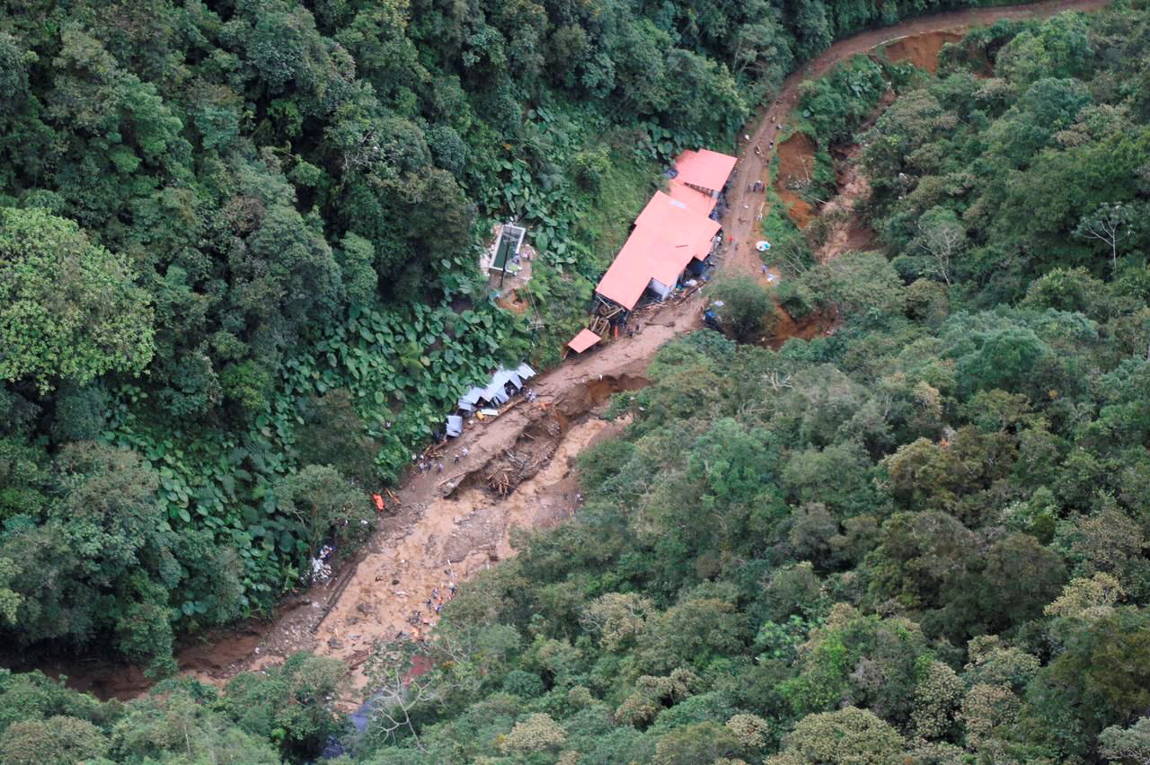 An aerial view taken from an overflight by Antioquia Governor Anibal Gaviria of the area affected by a flash flood that flooded a gold mine and left at least 10 dead, in Abriaqui