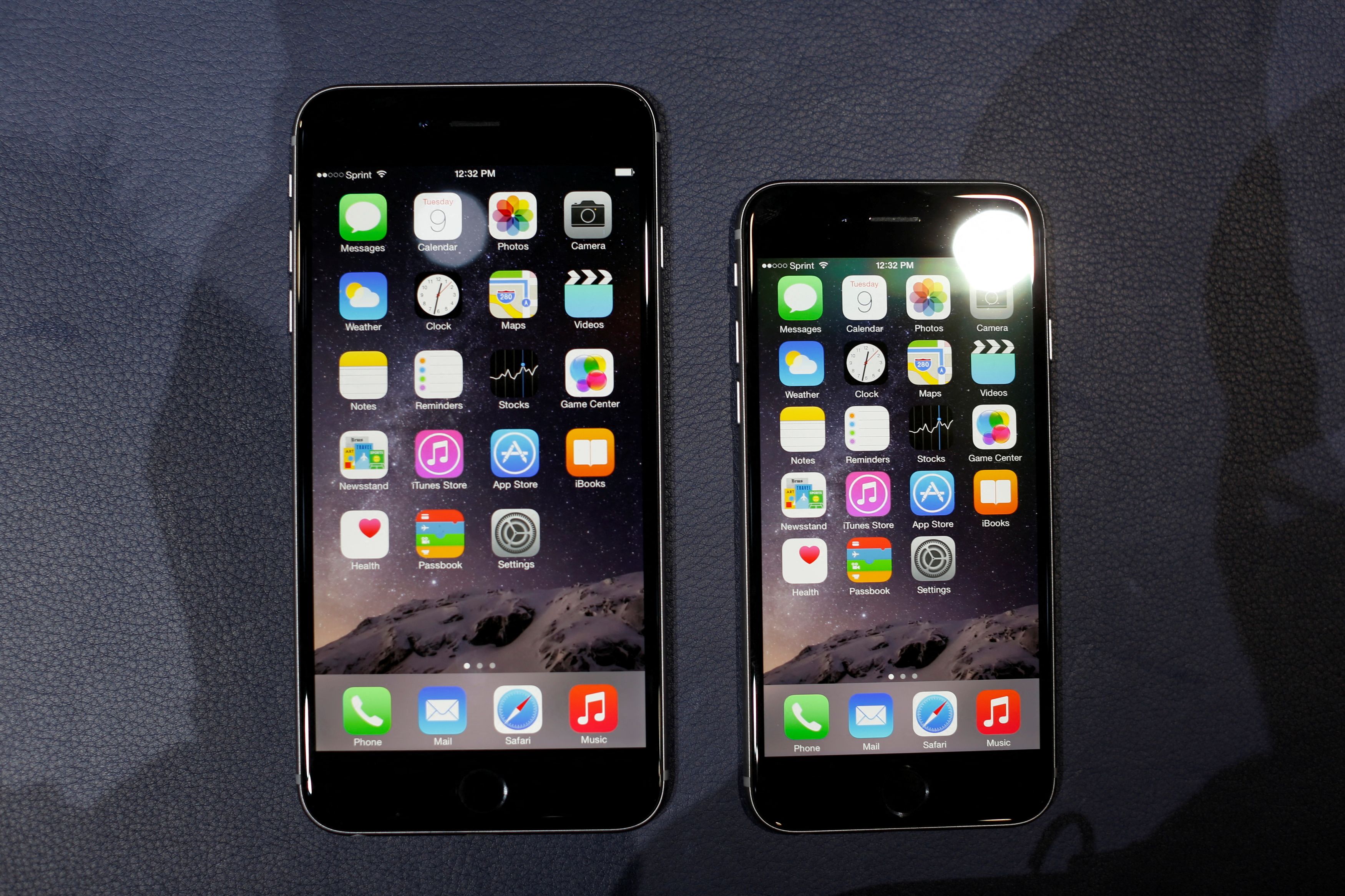 The iPhone 6 and the iPhone 6 Plus are shown during an Apple event at the Flint Center in Cupertino