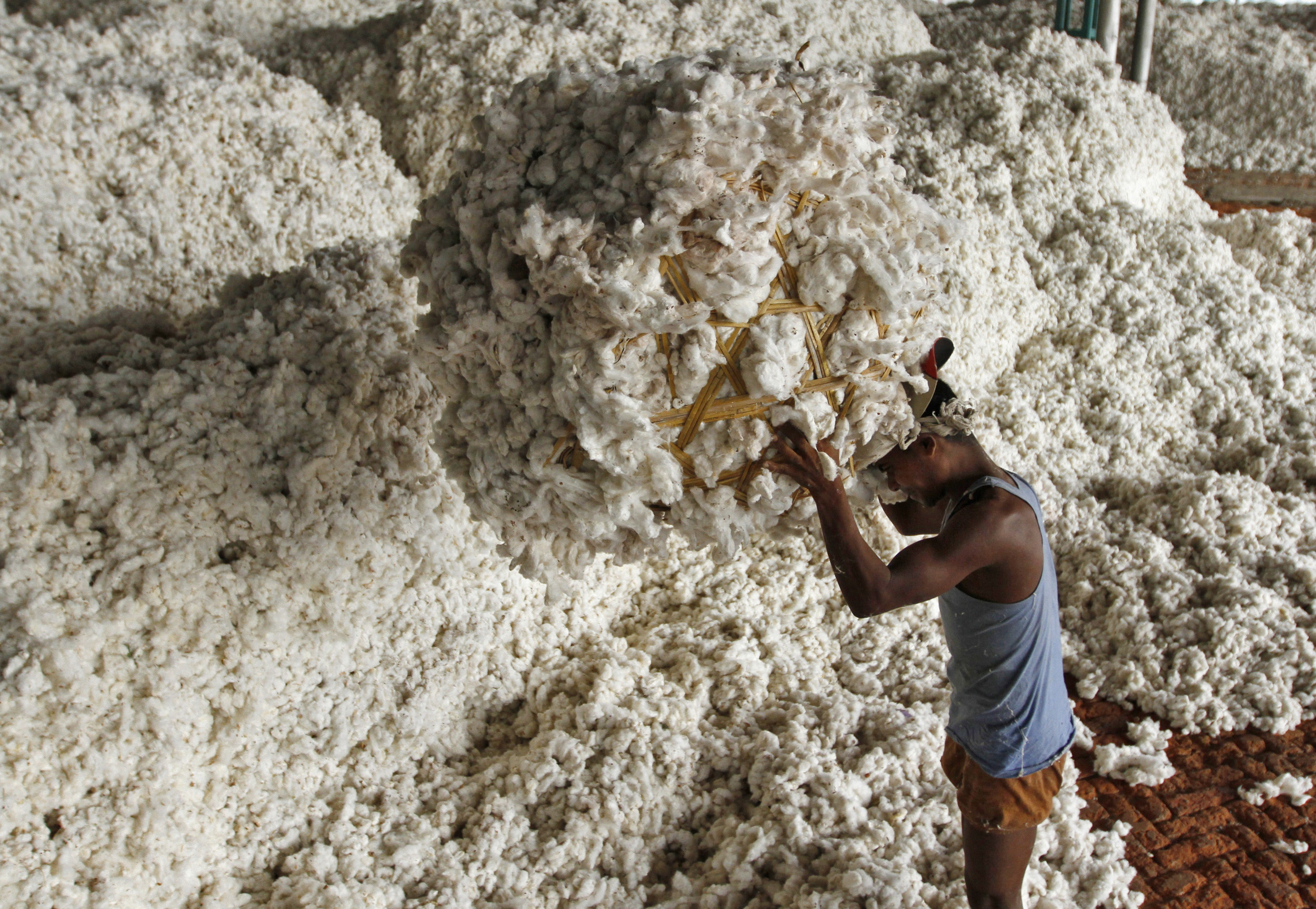An employee works inside a cotton processing unit at Kunthva village